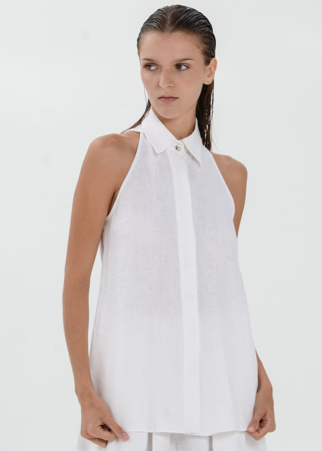 The Essence Linen Top - Collared Blouse with Single Neck Button