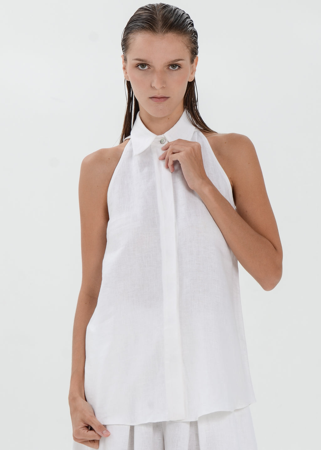 The Essence Linen Top - Collared Blouse with Single Neck Button