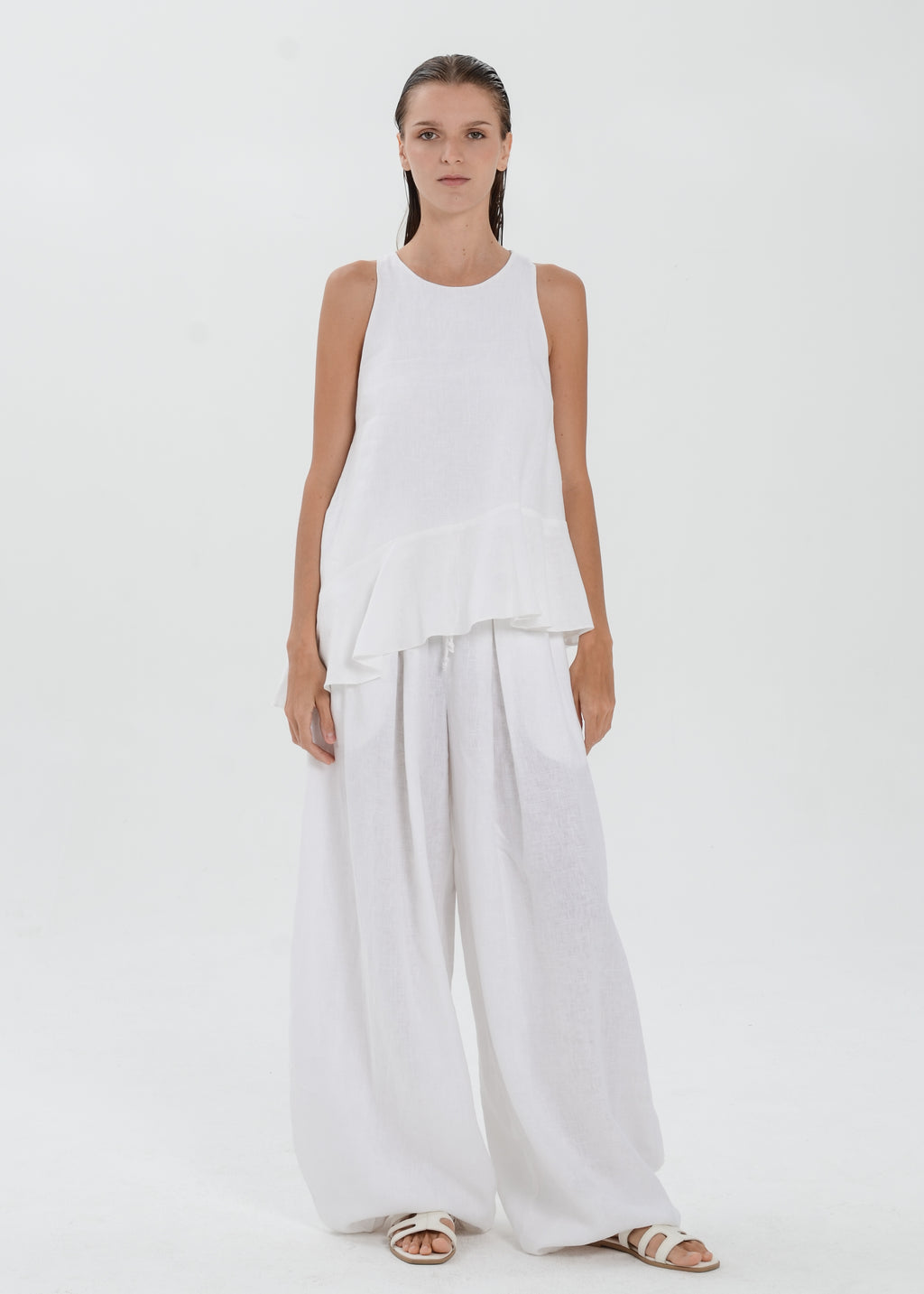 The Essence Linen Top - Asymmetrical Ruffle Hem Sleeveless Blouse