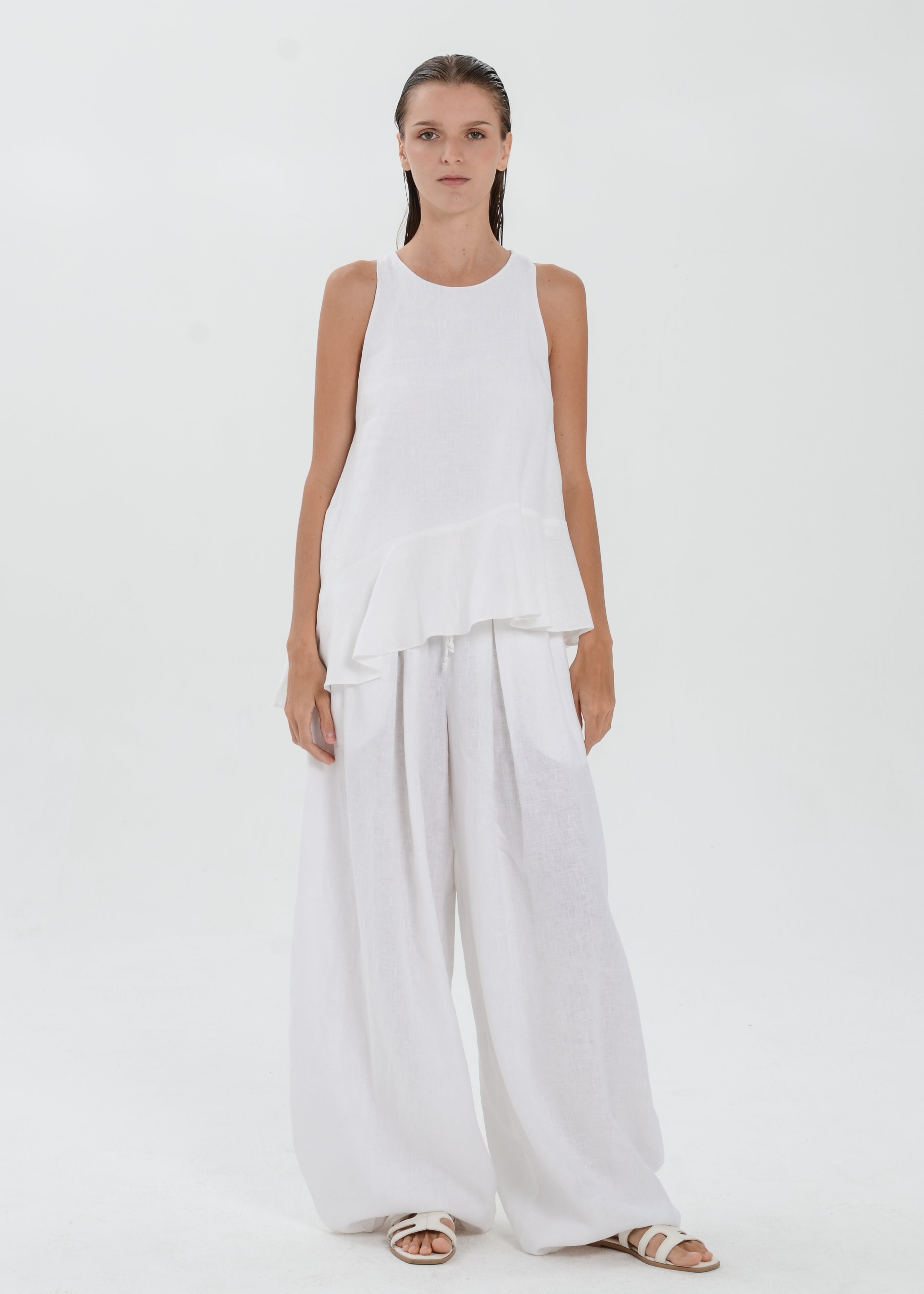 The Essence Linen Top - Asymmetrical Ruffle Hem Sleeveless Blouse