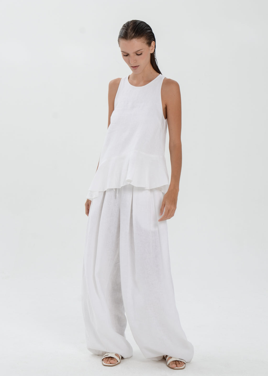 The Essence Linen Top - Asymmetrical Ruffle Hem Sleeveless Blouse