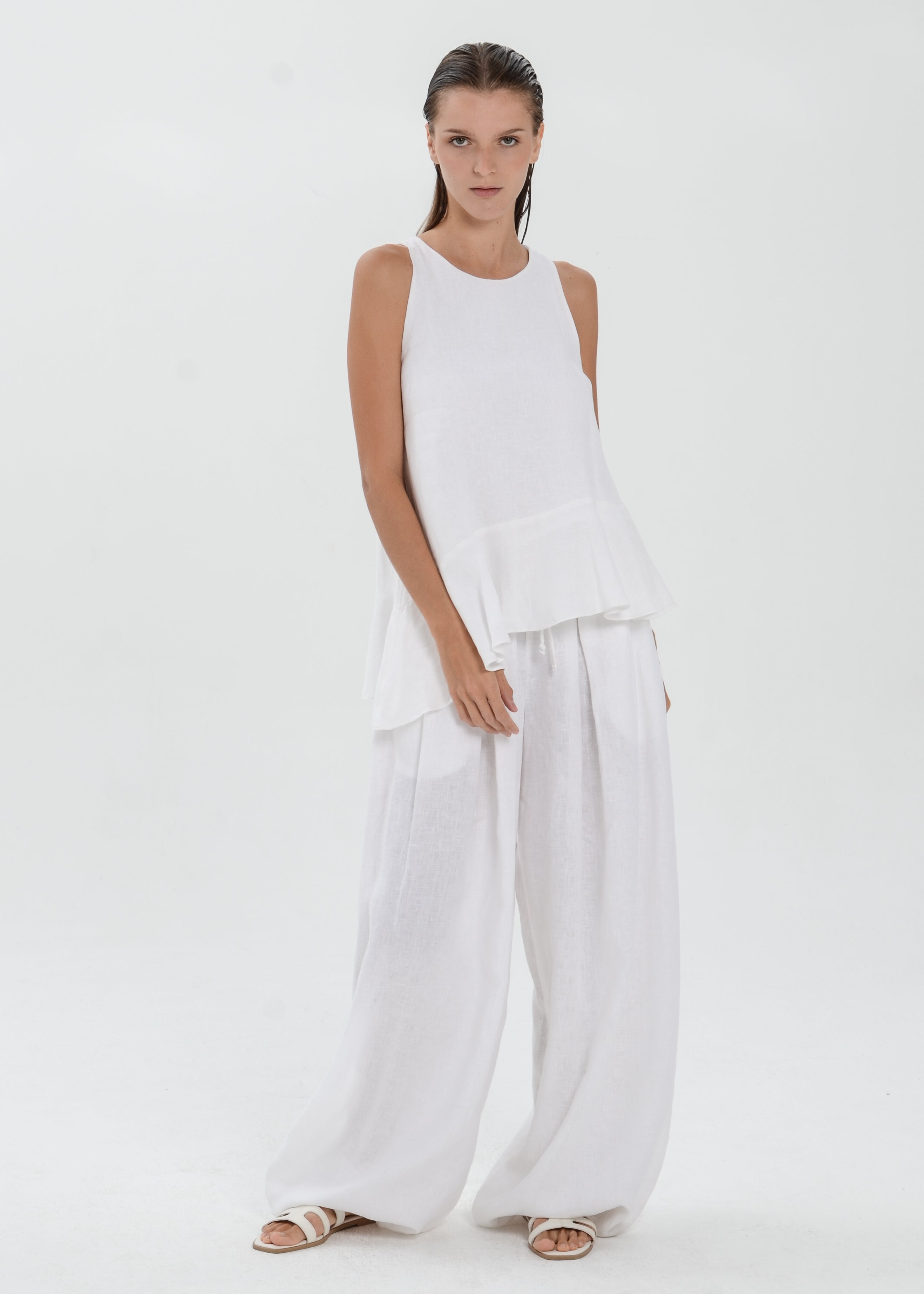 The Essence Linen Top - Asymmetrical Ruffle Hem Sleeveless Blouse