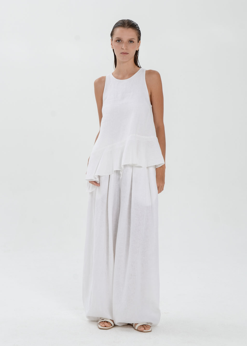 The Essence Linen Top - Asymmetrical Ruffle Hem Sleeveless Blouse