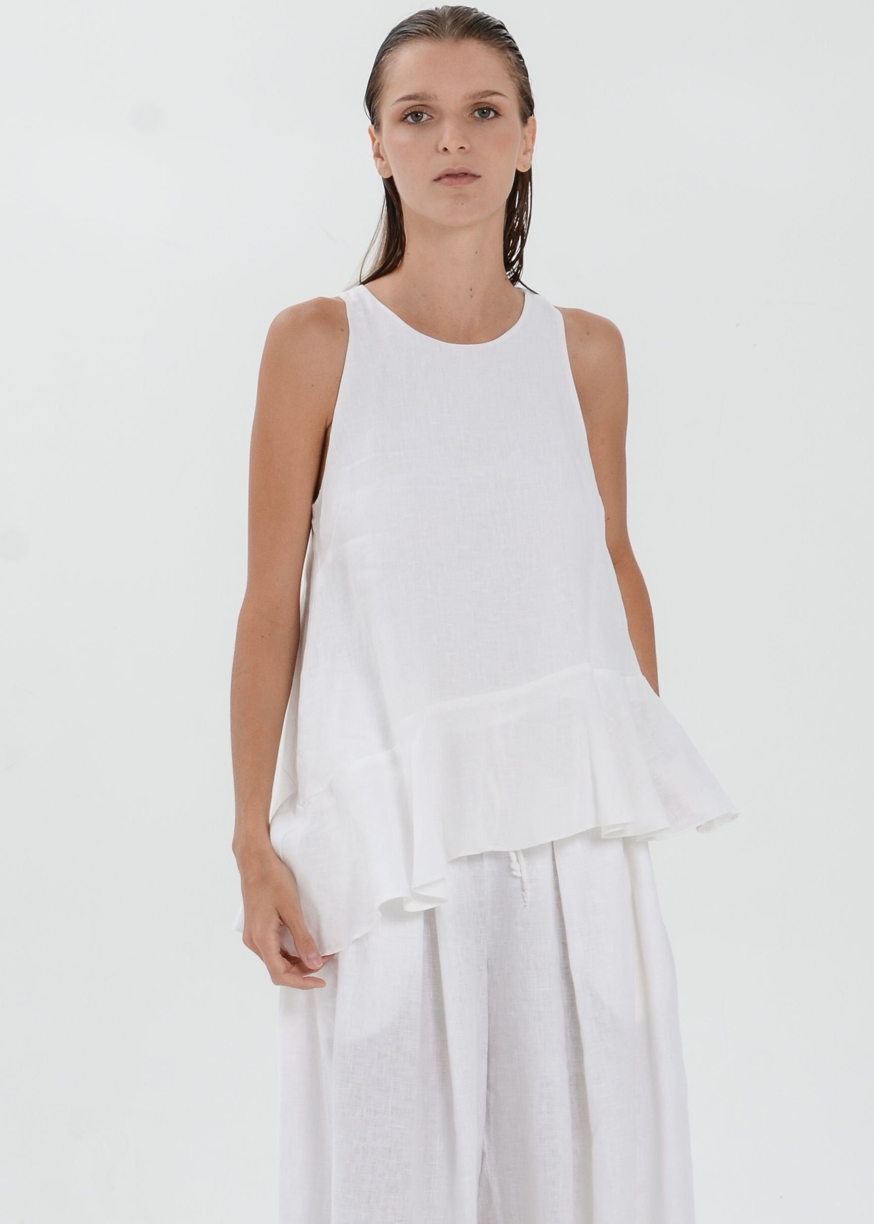 The Essence Linen Top - Asymmetrical Ruffle Hem Sleeveless Blouse