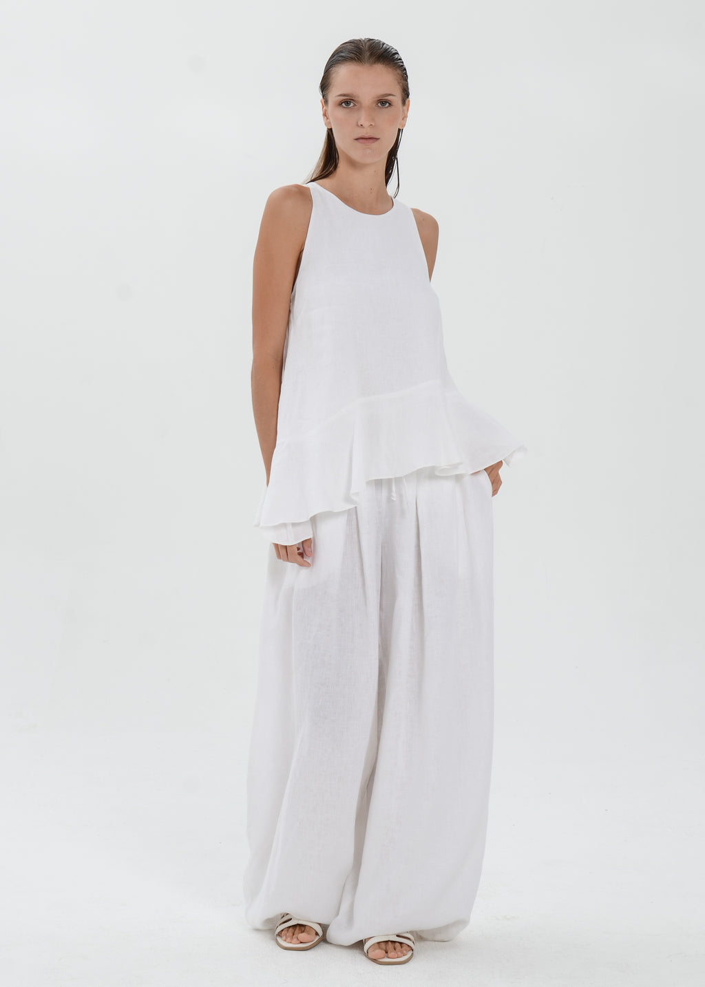 The Essence Linen Top - Asymmetrical Ruffle Hem Sleeveless Blouse
