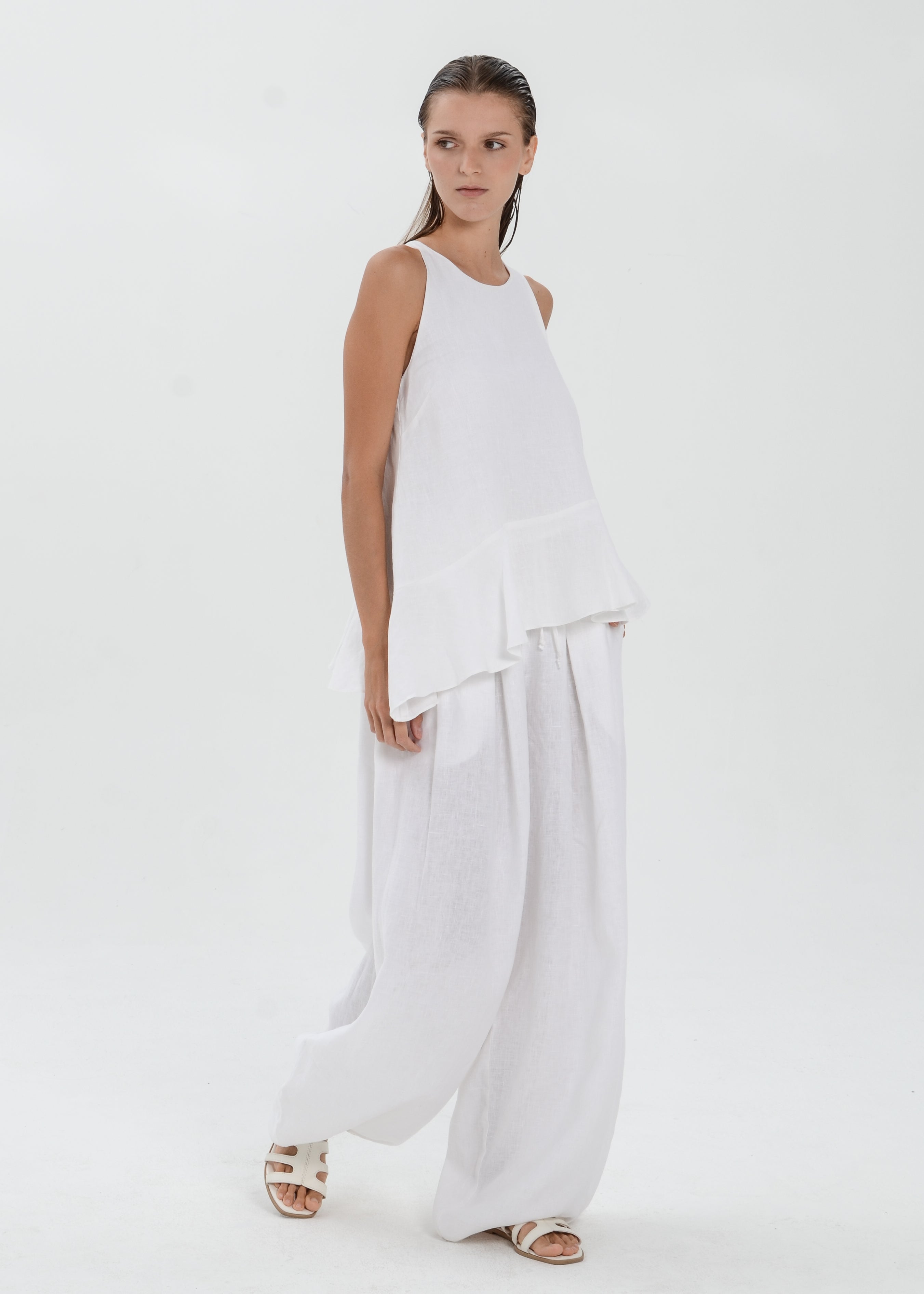 The Essence Linen Top - Asymmetrical Ruffle Hem Sleeveless Blouse