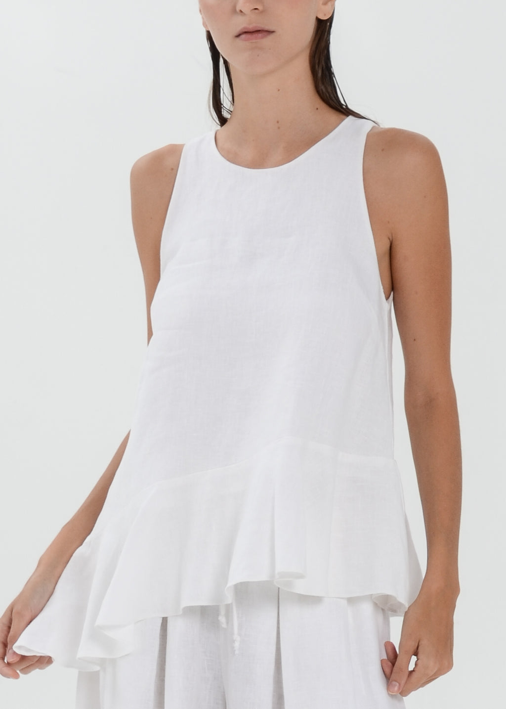 The Essence Linen Top - Asymmetrical Ruffle Hem Sleeveless Blouse