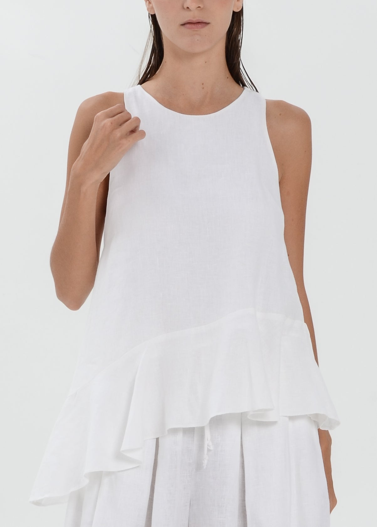 The Essence Linen Top - Asymmetrical Ruffle Hem Sleeveless Blouse
