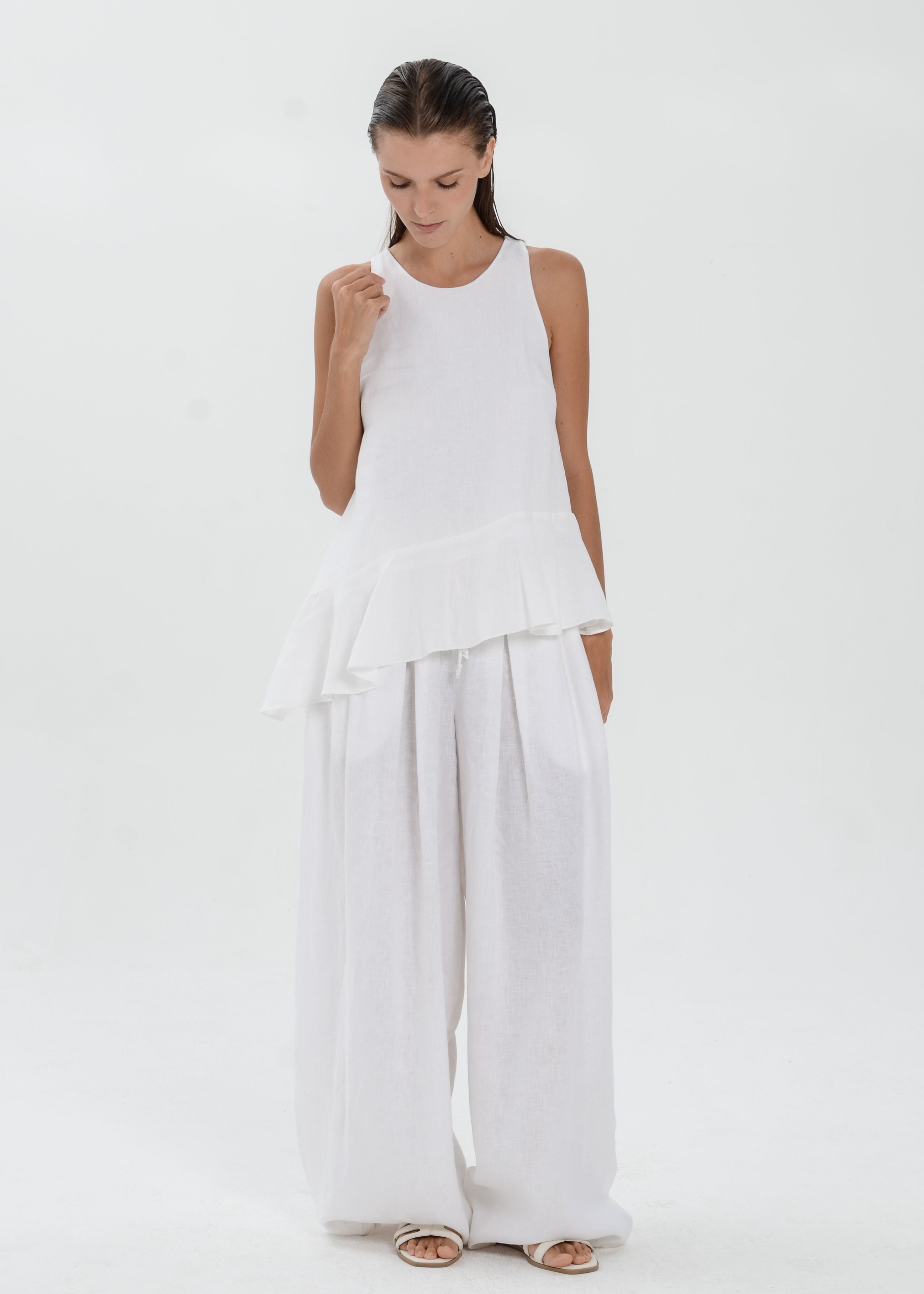 The Essence Linen Top - Asymmetrical Ruffle Hem Sleeveless Blouse