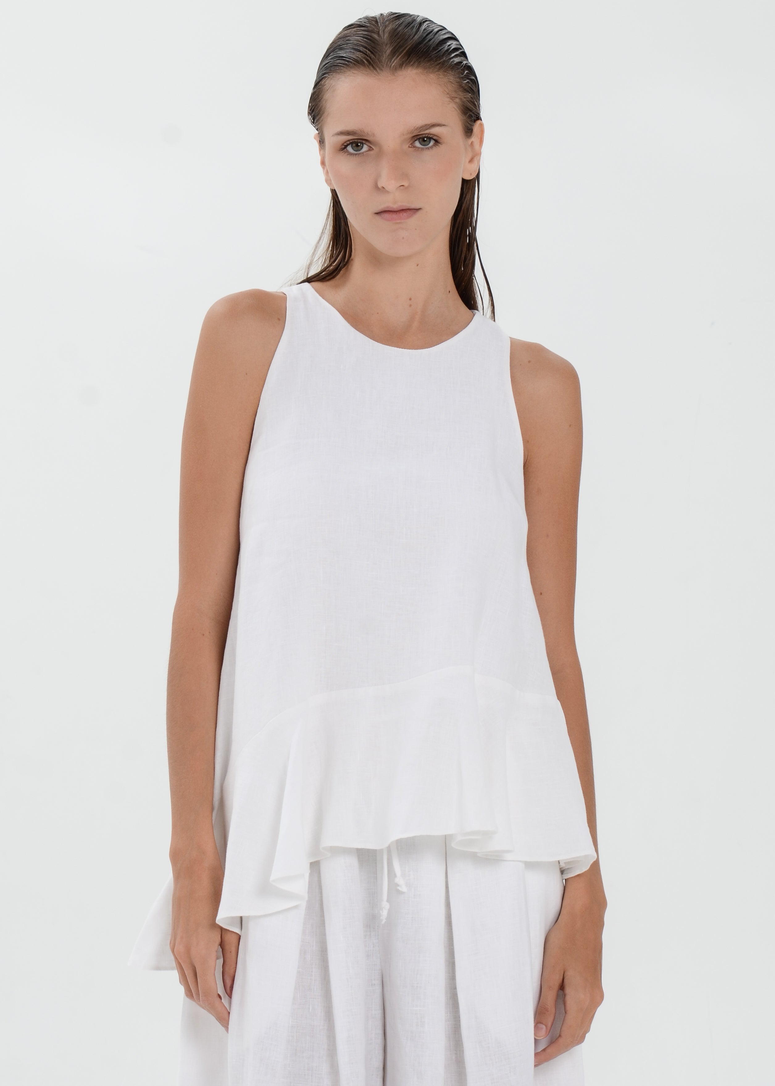 The Essence Linen Top - Asymmetrical Ruffle Hem Sleeveless Blouse
