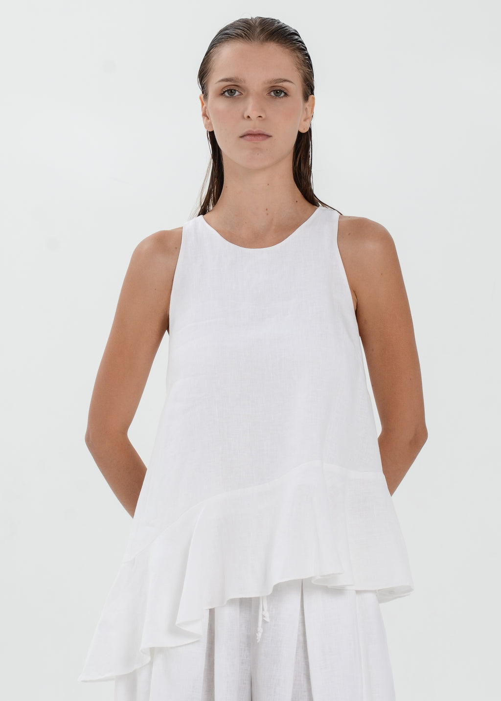 The Essence Linen Top - Asymmetrical Ruffle Hem Sleeveless Blouse