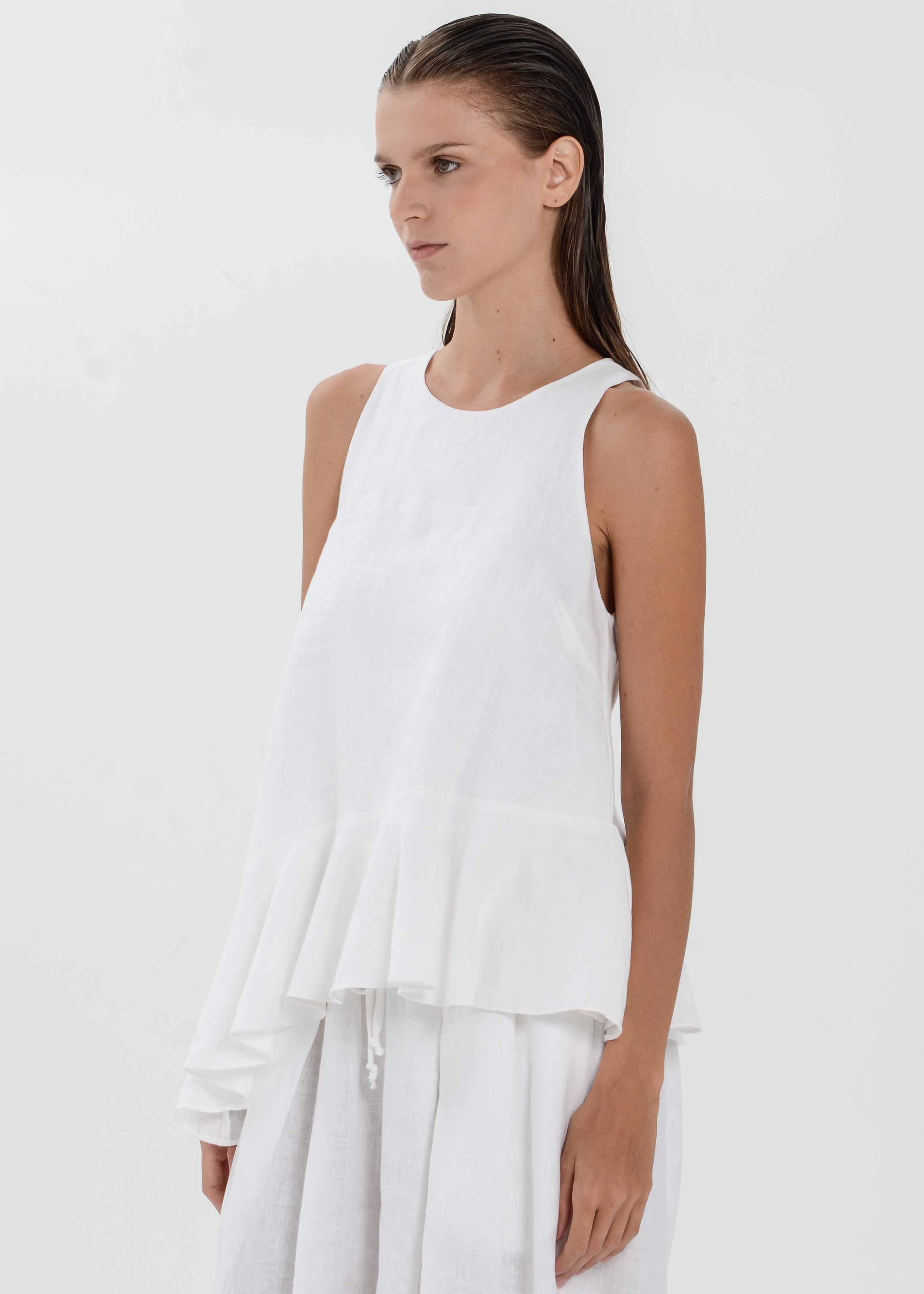 The Essence Linen Top - Asymmetrical Ruffle Hem Sleeveless Blouse