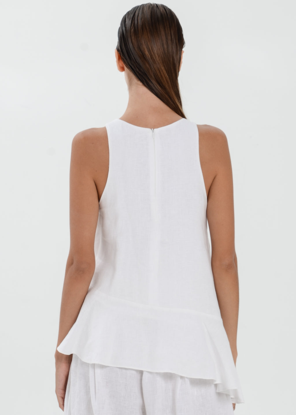 The Essence Linen Top - Asymmetrical Ruffle Hem Sleeveless Blouse