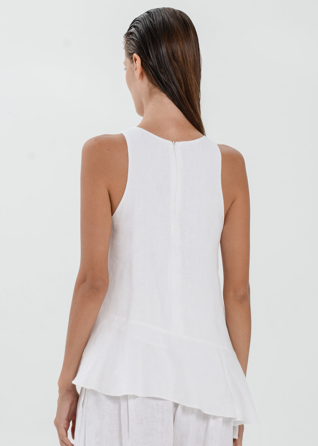 The Essence Linen Top - Asymmetrical Ruffle Hem Sleeveless Blouse