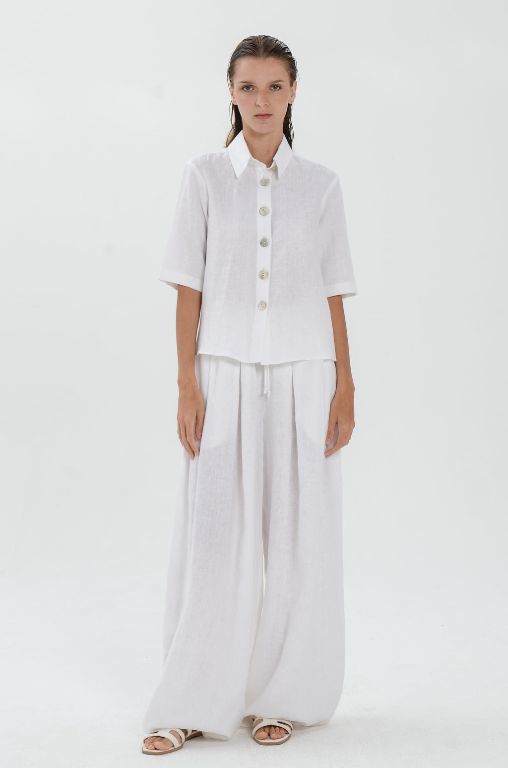 The Essence Linen Top - Collared Polo Blouse with Button Front