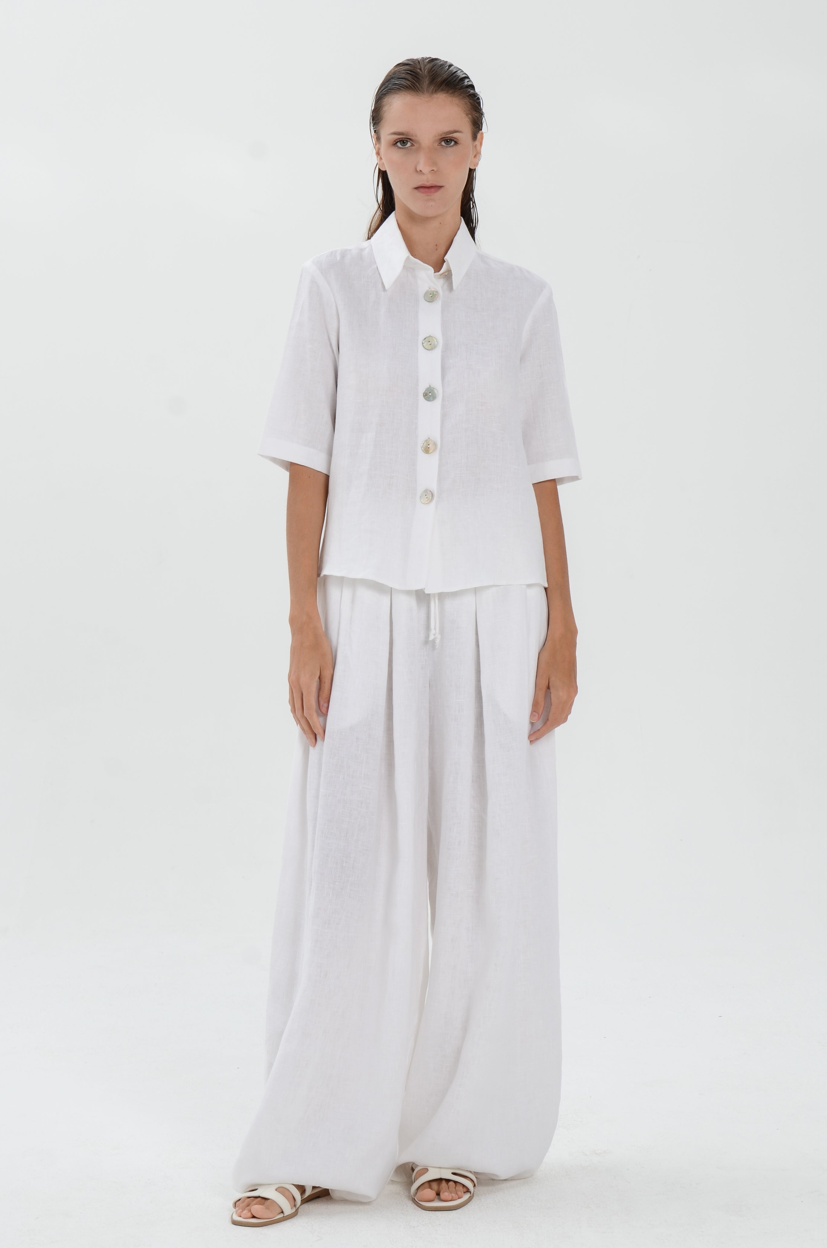 The Essence Linen Top - Collared Polo Blouse with Button Front