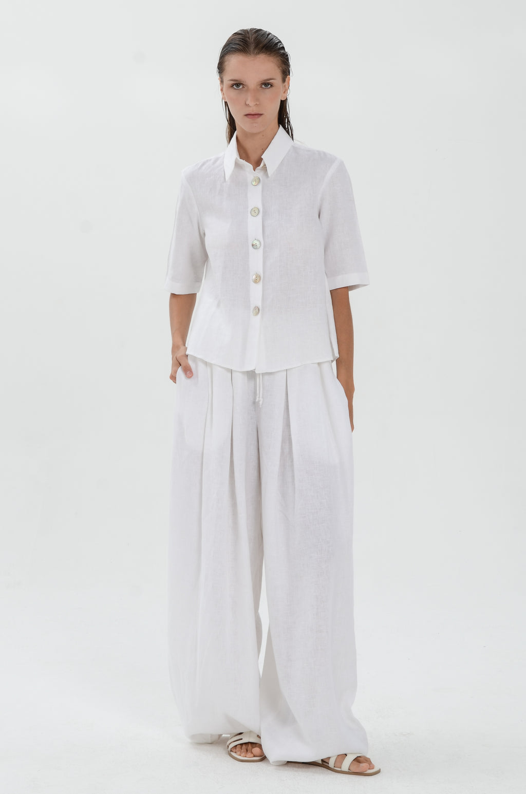 The Essence Linen Top - Collared Polo Blouse with Button Front