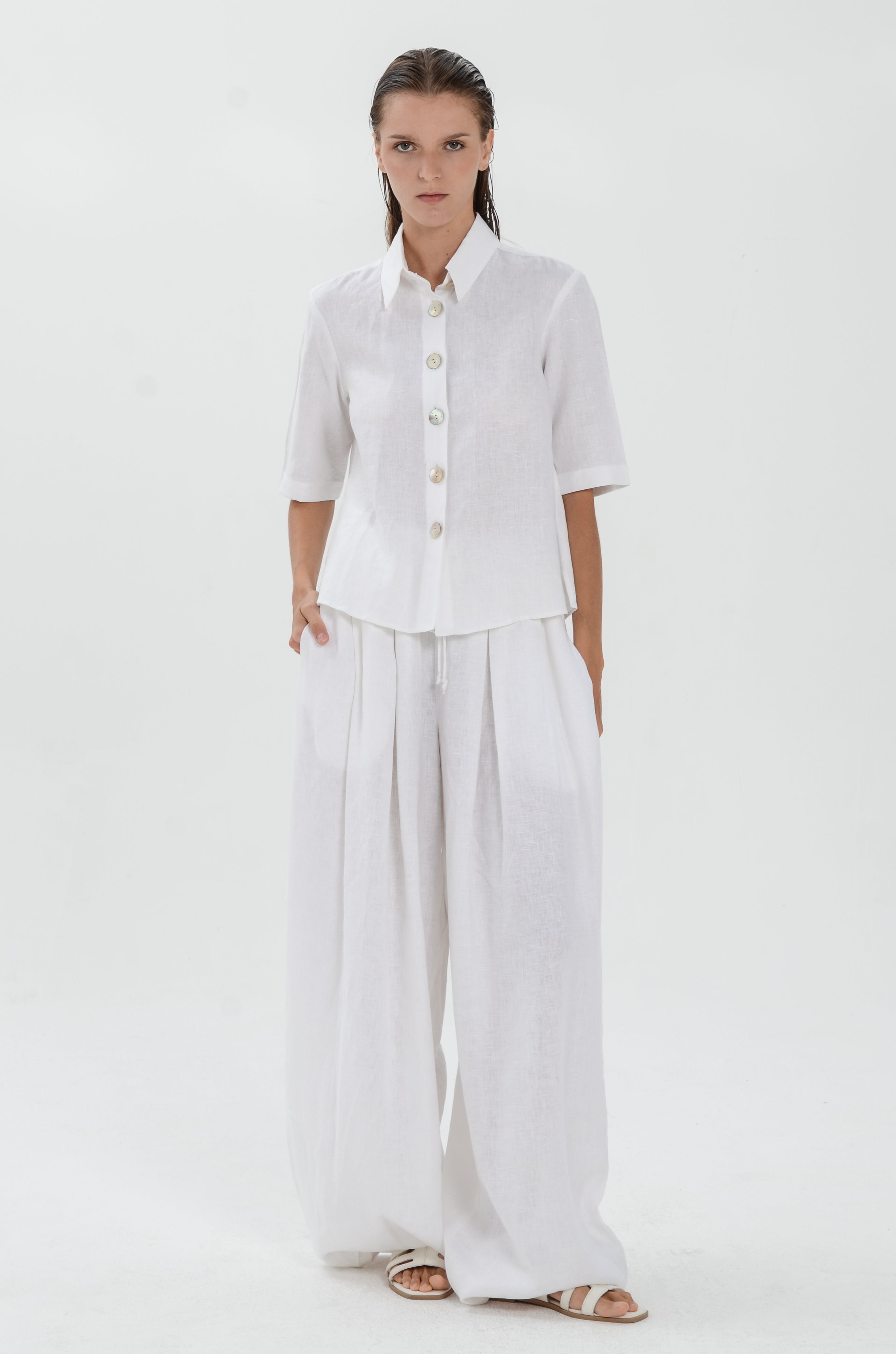 The Essence Linen Top - Collared Polo Blouse with Button Front