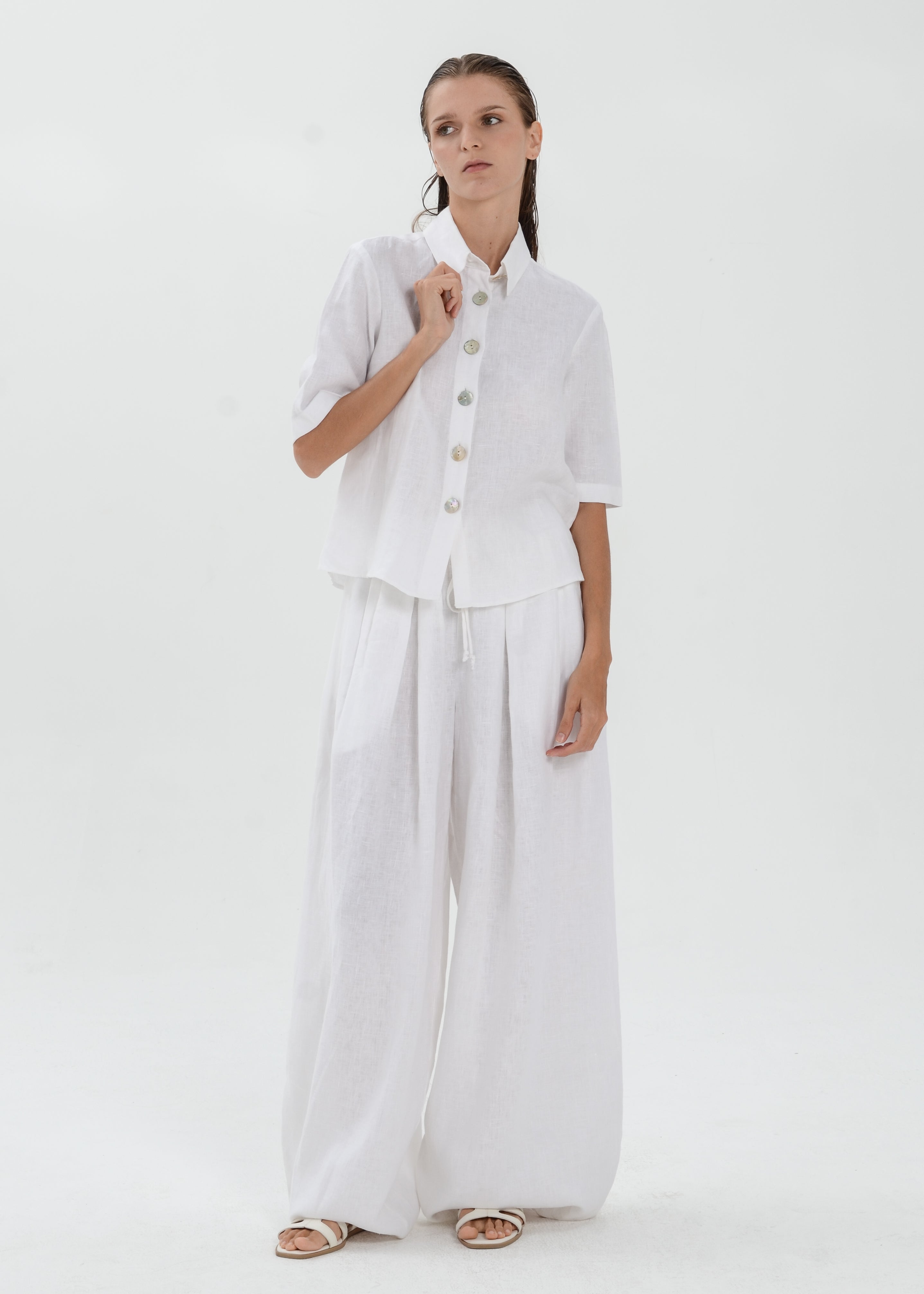 The Essence Linen Top - Collared Polo Blouse with Button Front
