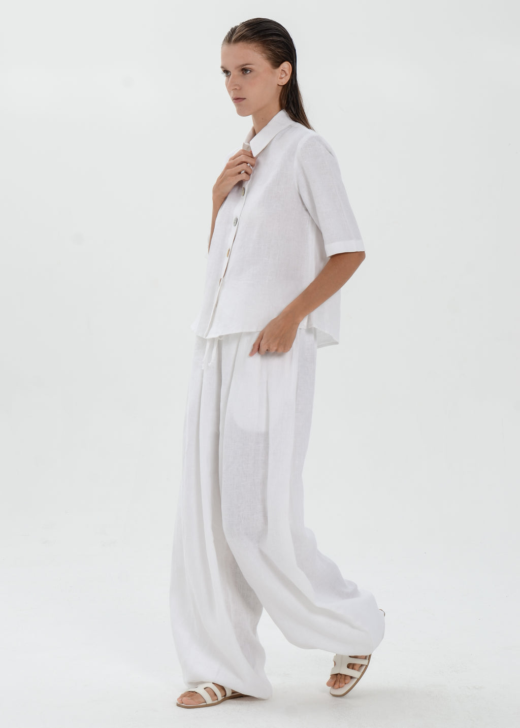 The Essence Linen Top - Collared Polo Blouse with Button Front