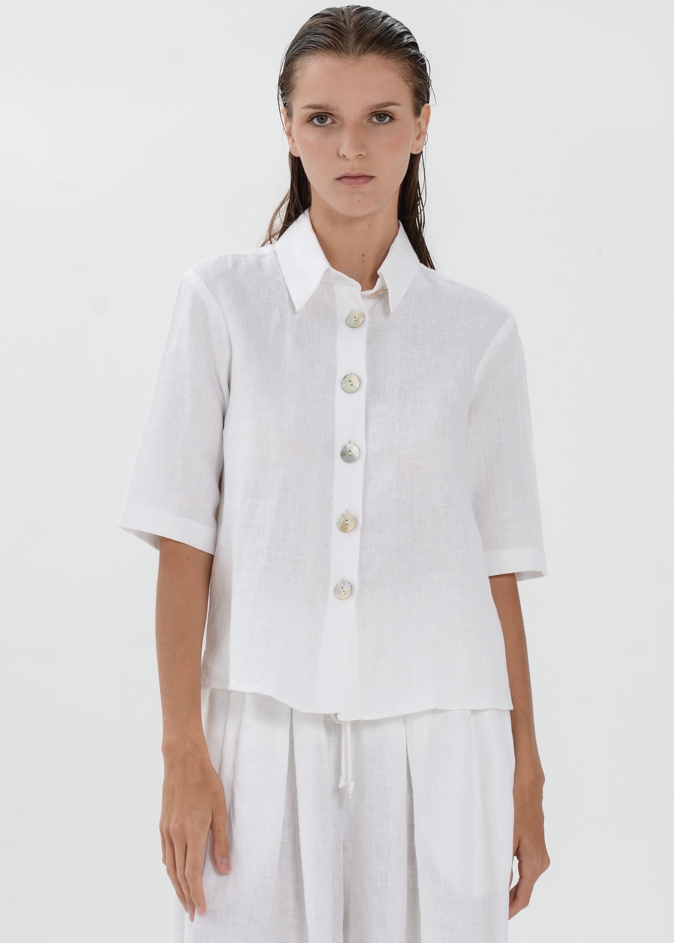 The Essence Linen Top - Collared Polo Blouse with Button Front