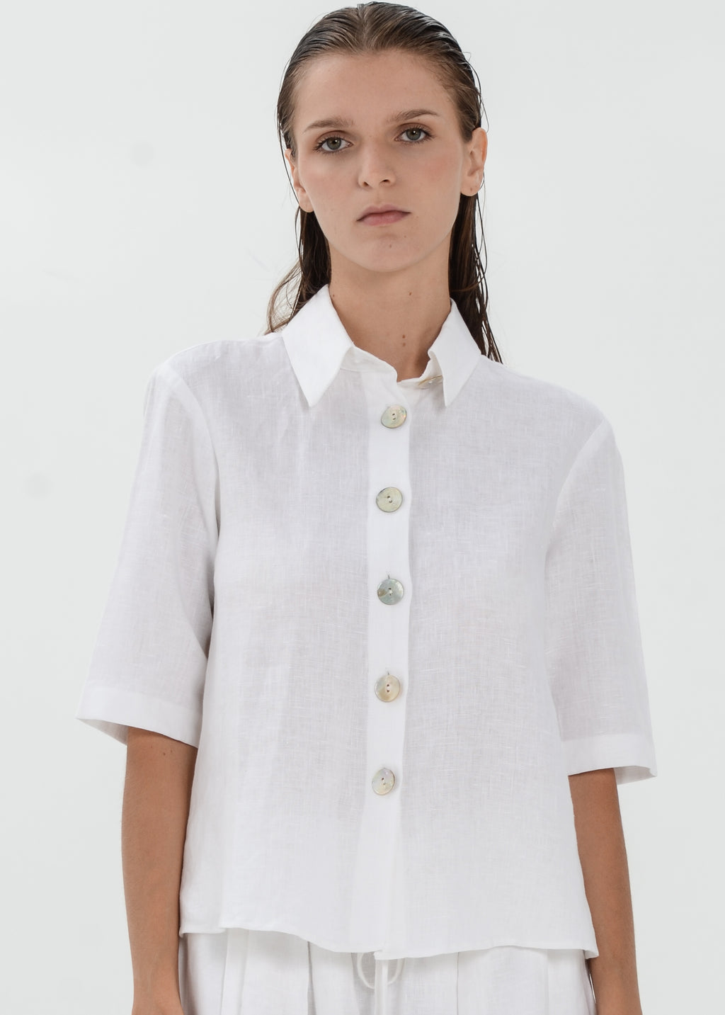 The Essence Linen Top - Collared Polo Blouse with Button Front