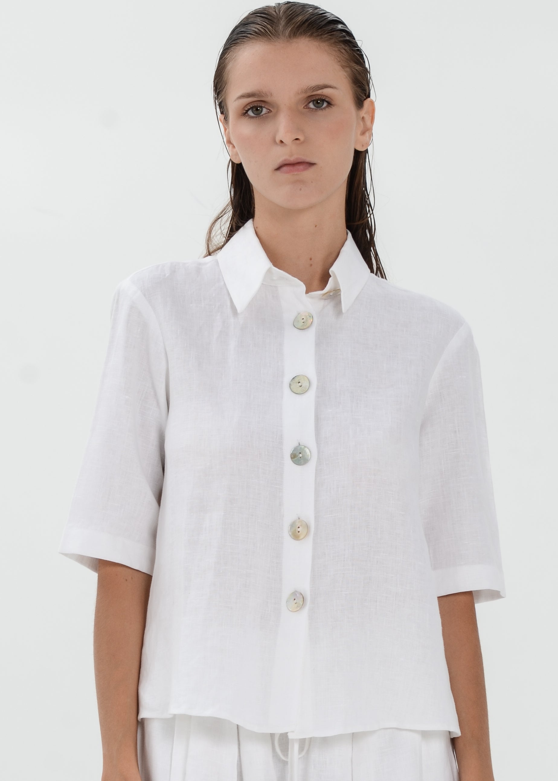 The Essence Linen Top - Collared Polo Blouse with Button Front