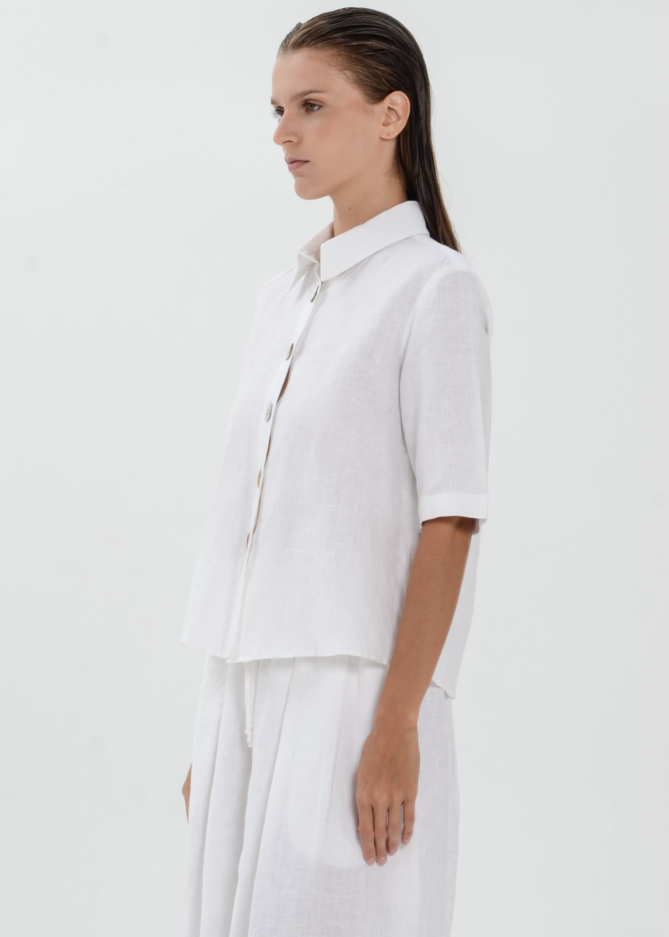 The Essence Linen Top - Collared Polo Blouse with Button Front