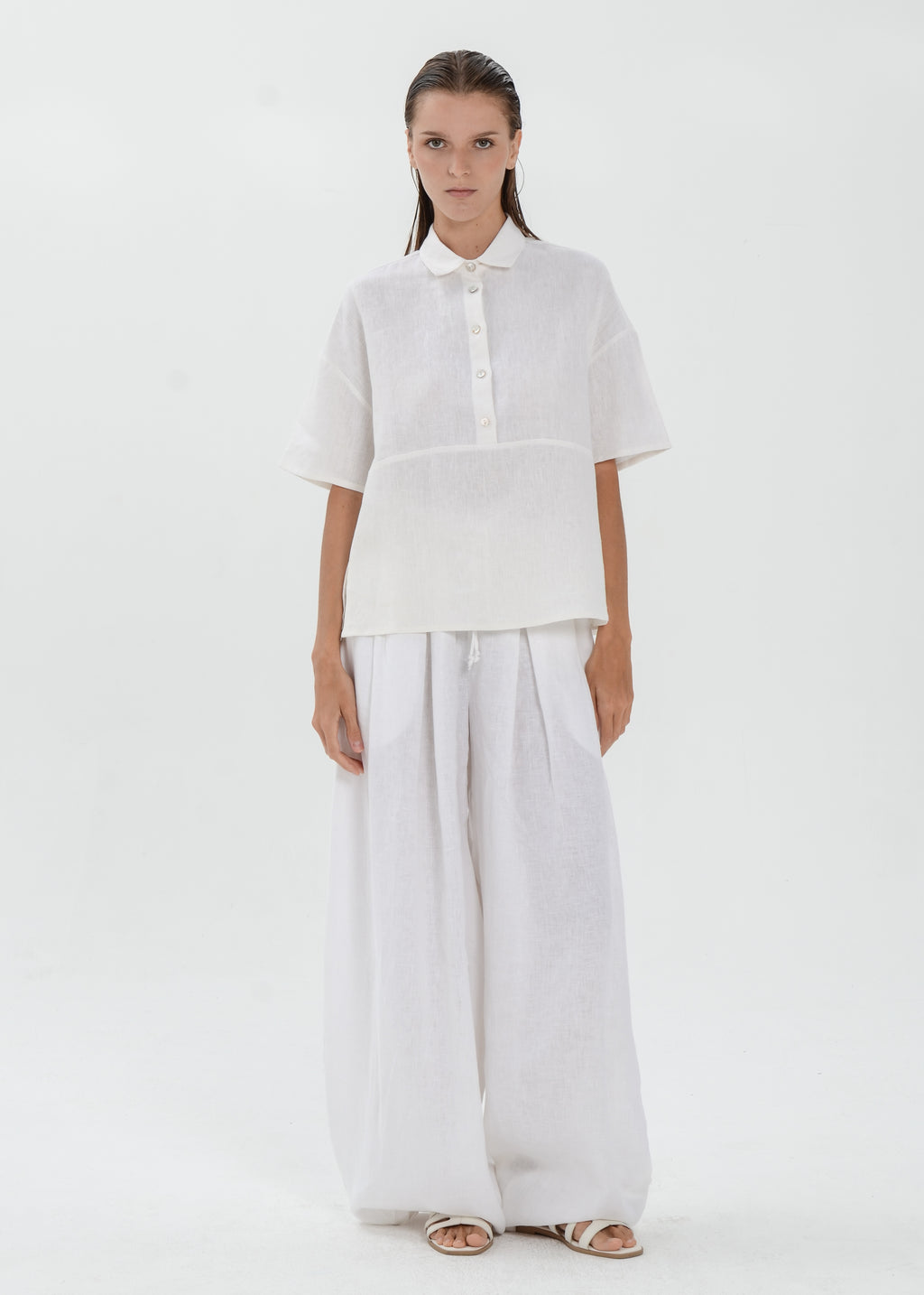 The Essence Linen Top - Collared Polo Blouse with Upper Half Button