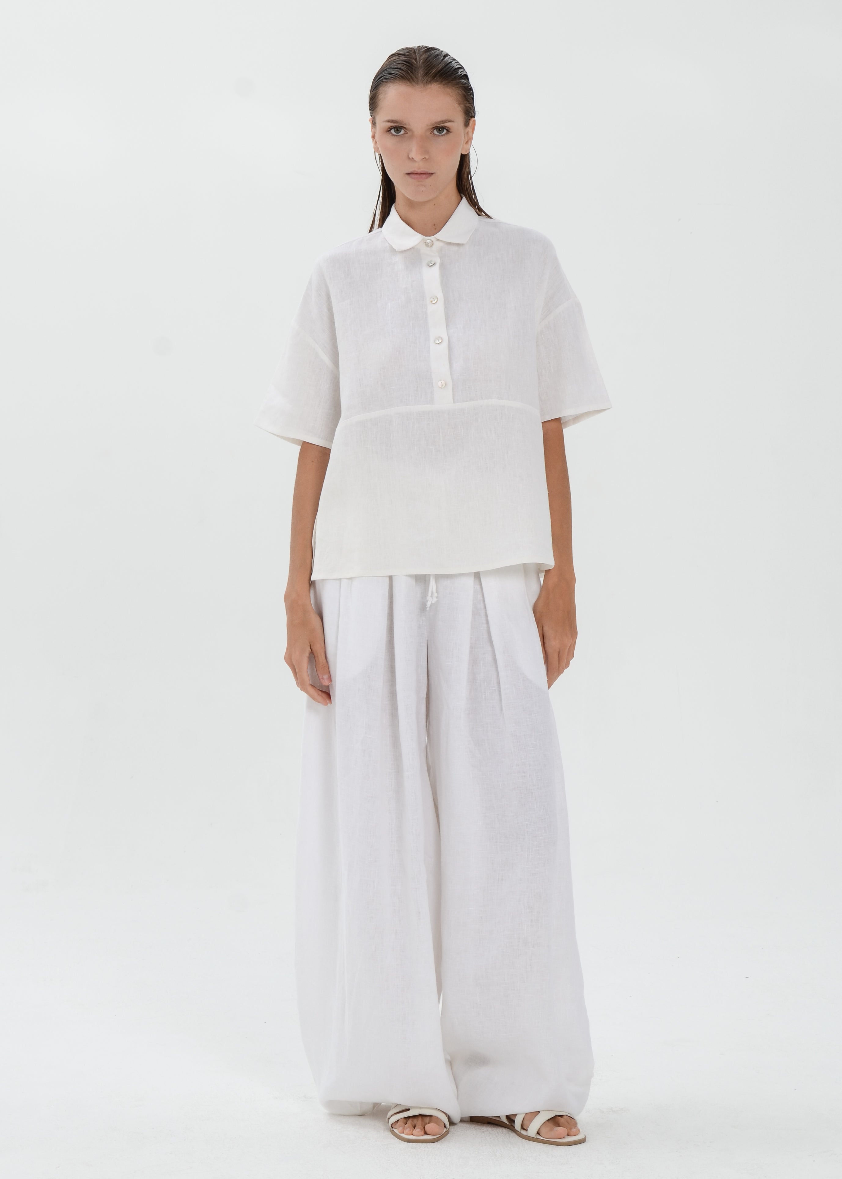 The Essence Linen Top - Collared Polo Blouse with Upper Half Button