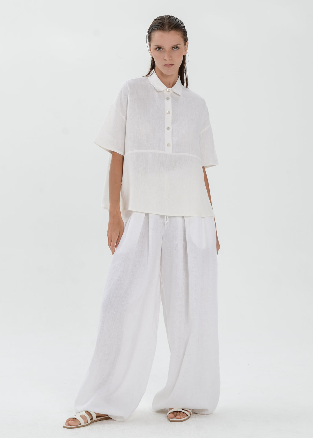 The Essence Linen Top - Collared Polo Blouse with Upper Half Button