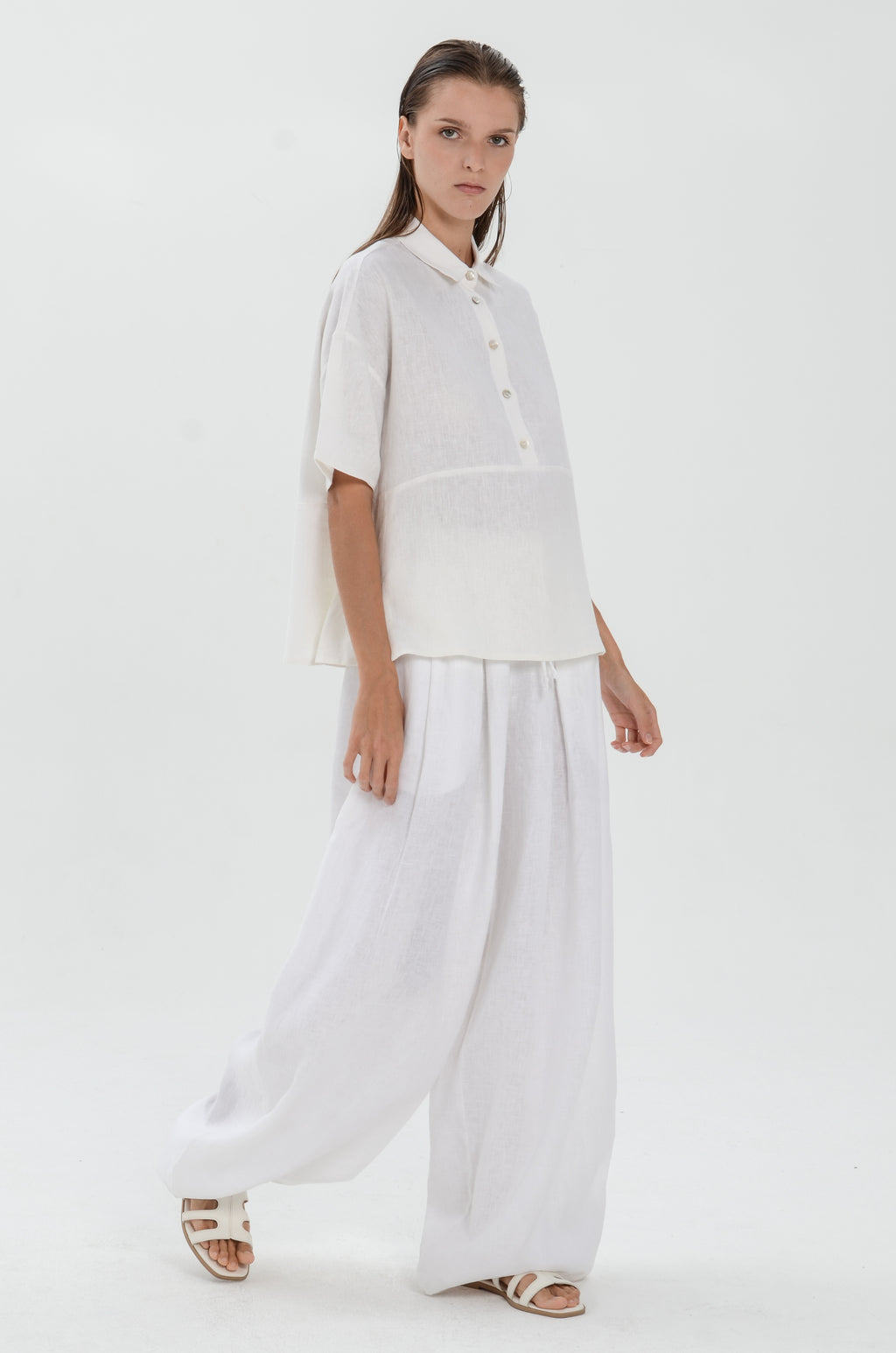 The Essence Linen Top - Collared Polo Blouse with Upper Half Button