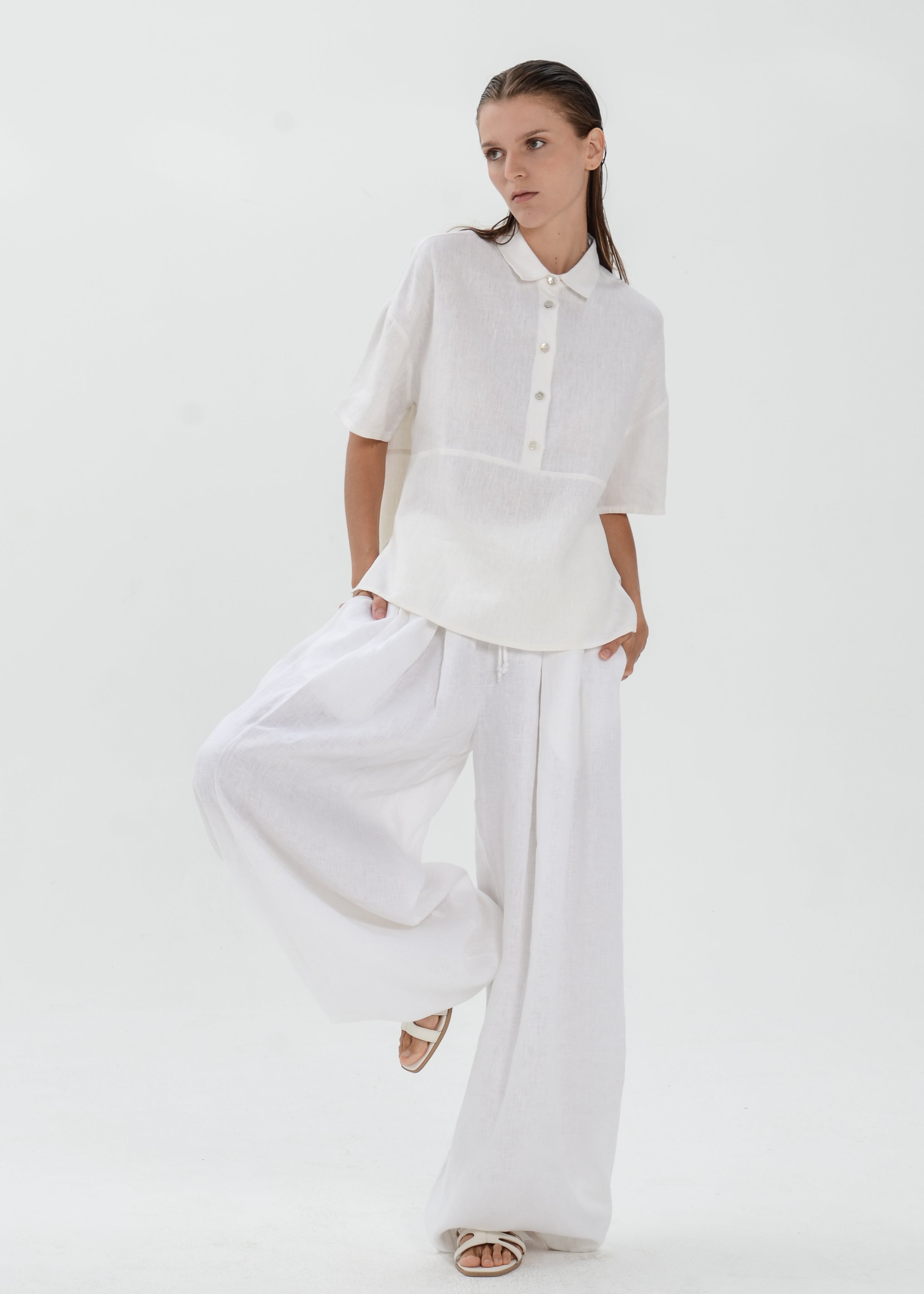 The Essence Linen Top - Collared Polo Blouse with Upper Half Button