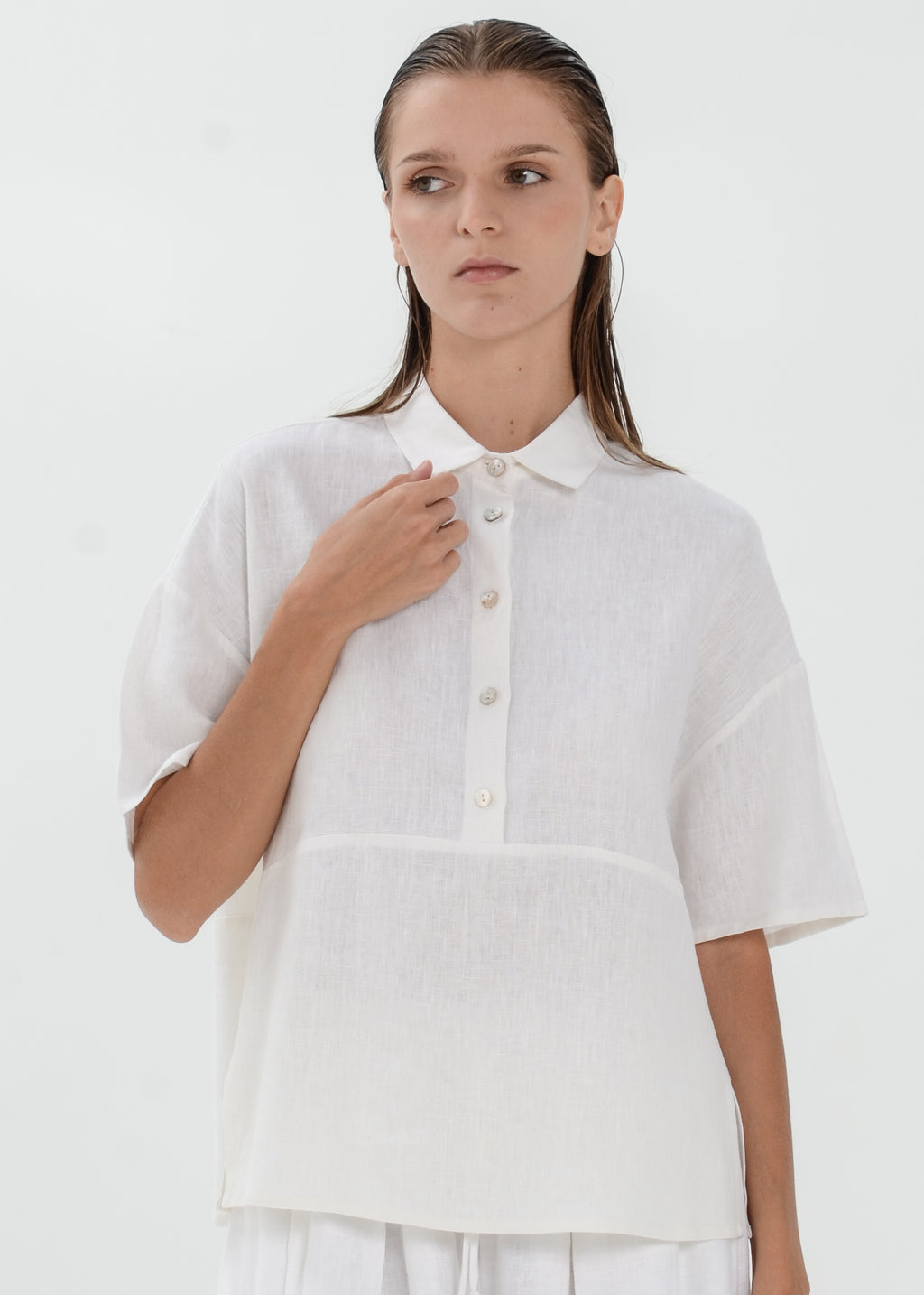 The Essence Linen Top - Collared Polo Blouse with Upper Half Button