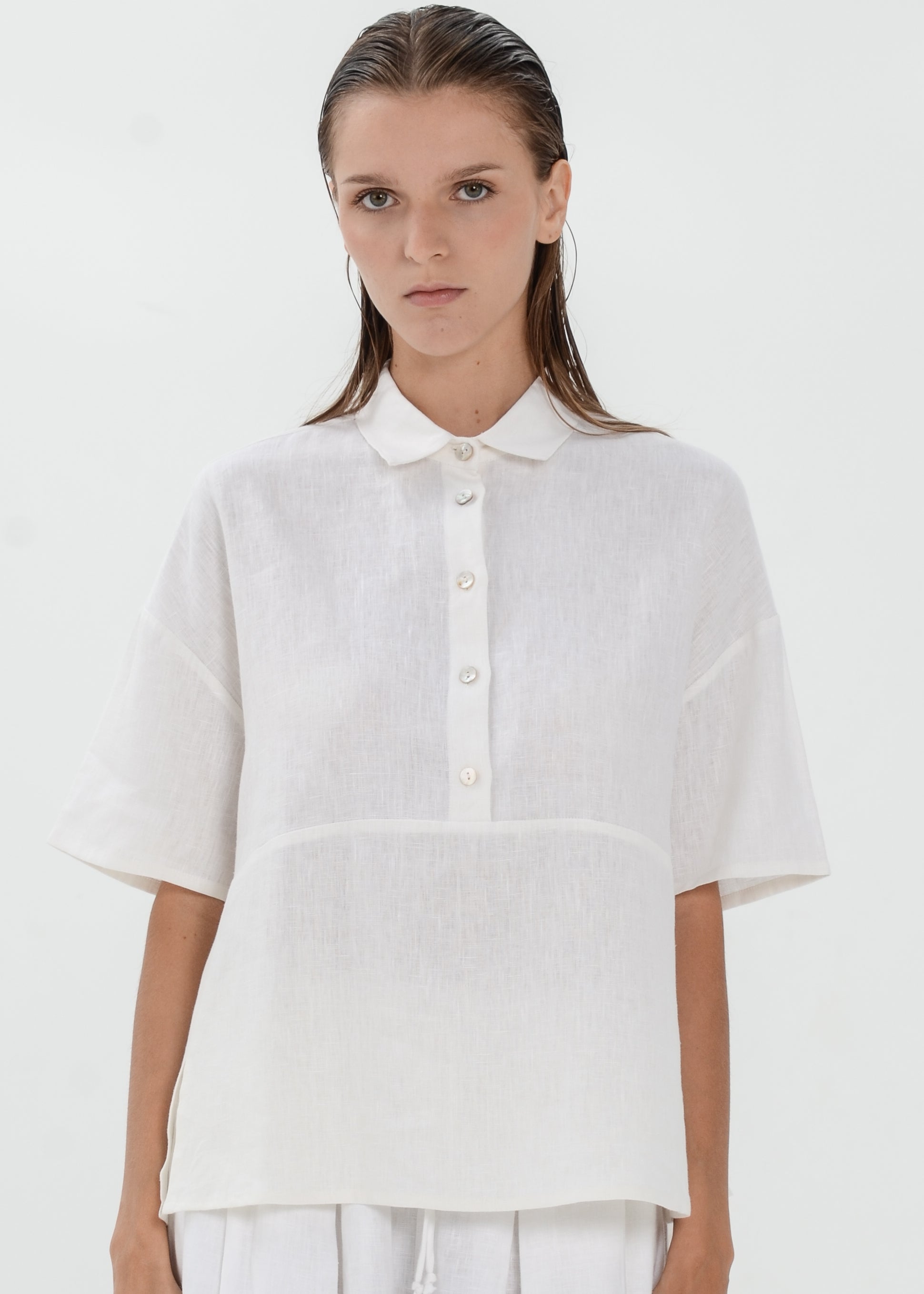 The Essence Linen Top - Collared Polo Blouse with Upper Half Button