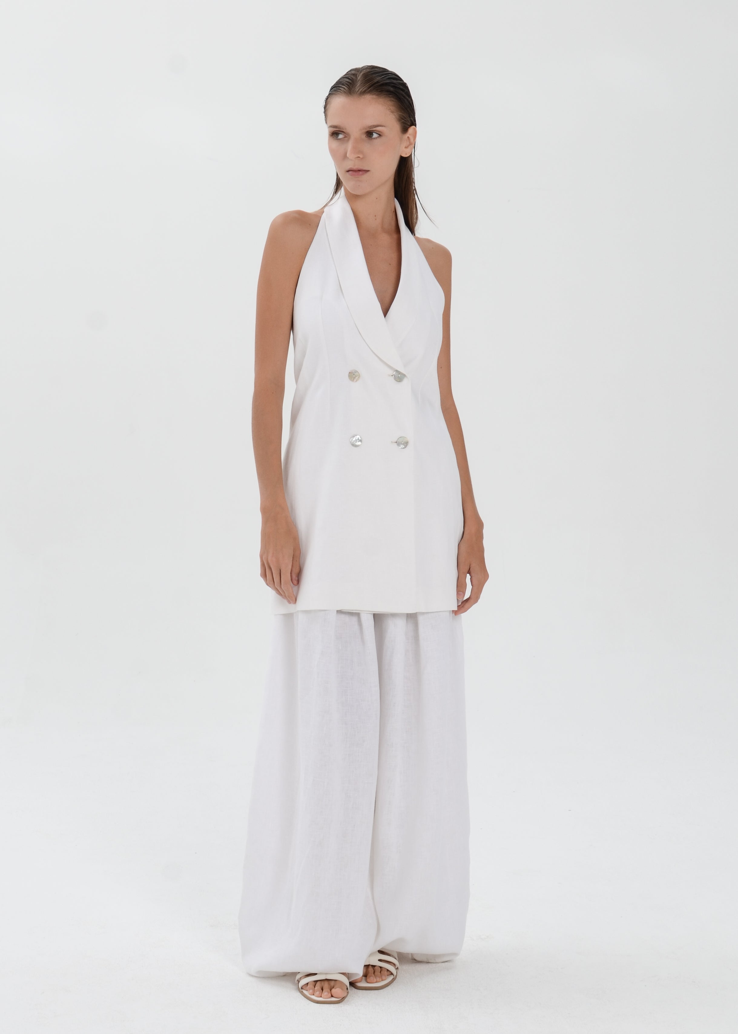 The Essence Linen Top - Double Breasted Hem Vest