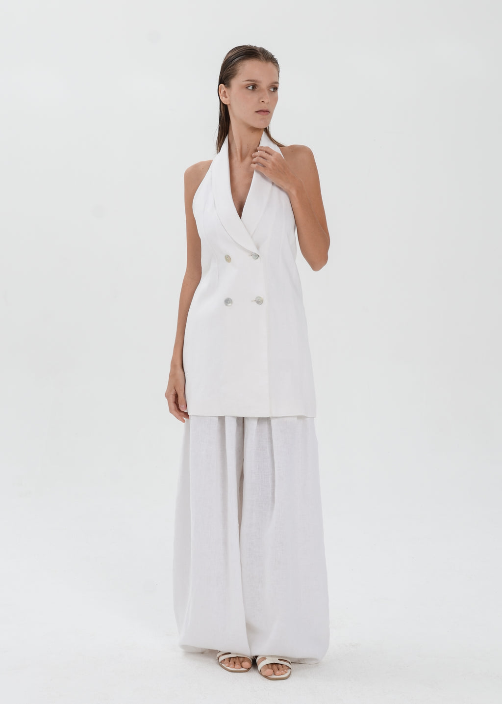 The Essence Linen Top - Double Breasted Hem Vest