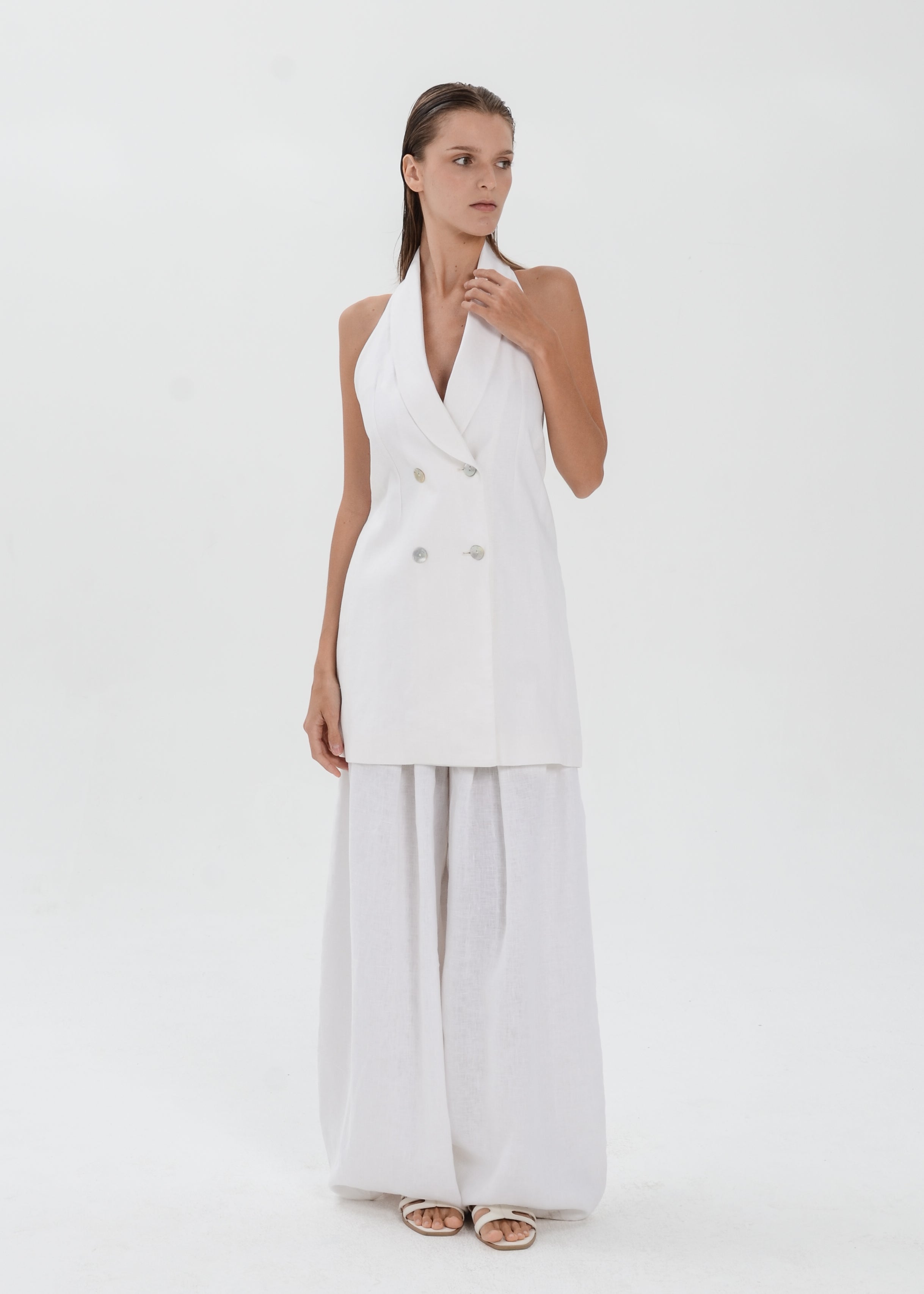 The Essence Linen Top - Double Breasted Hem Vest
