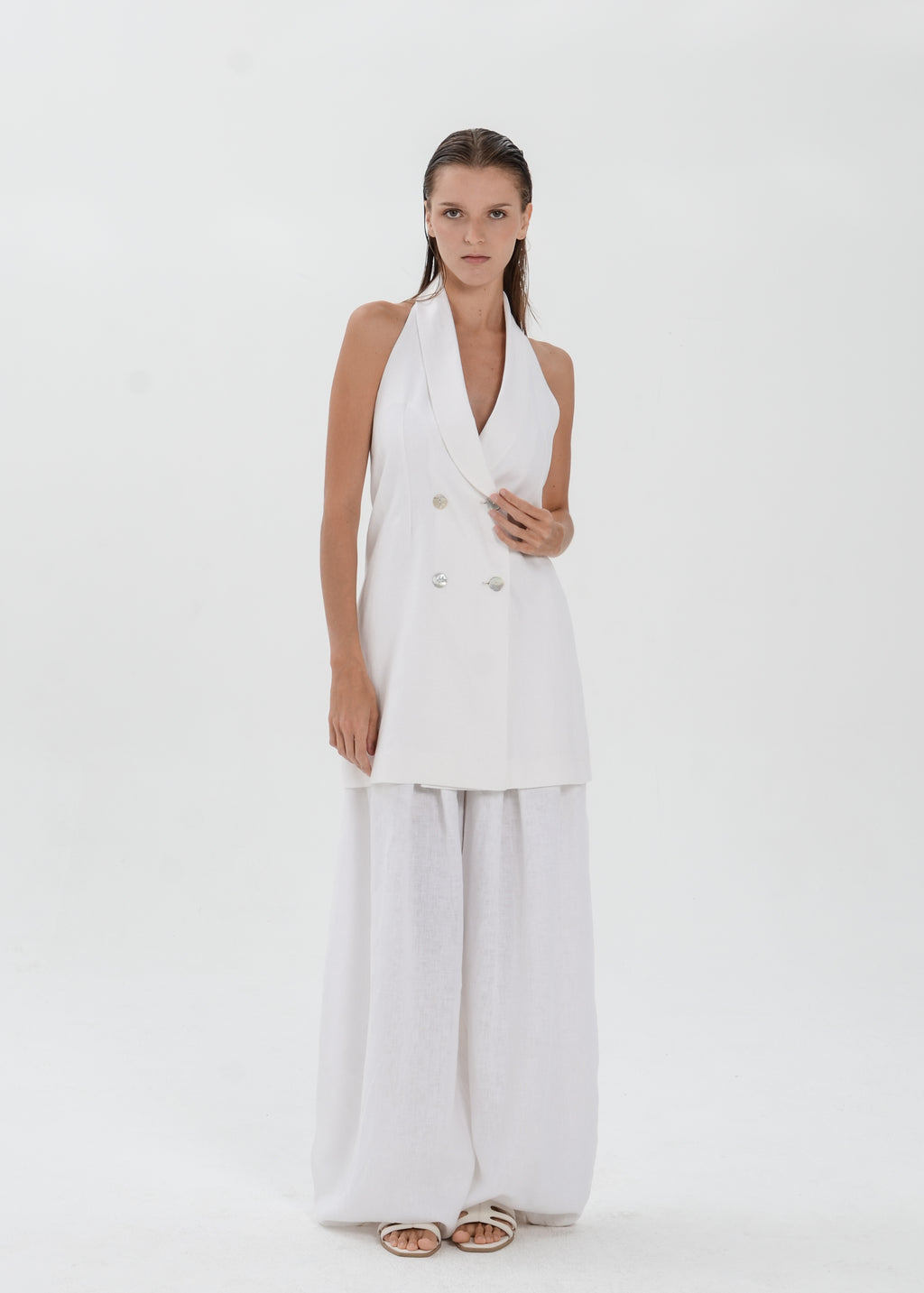 The Essence Linen Top - Double Breasted Hem Vest