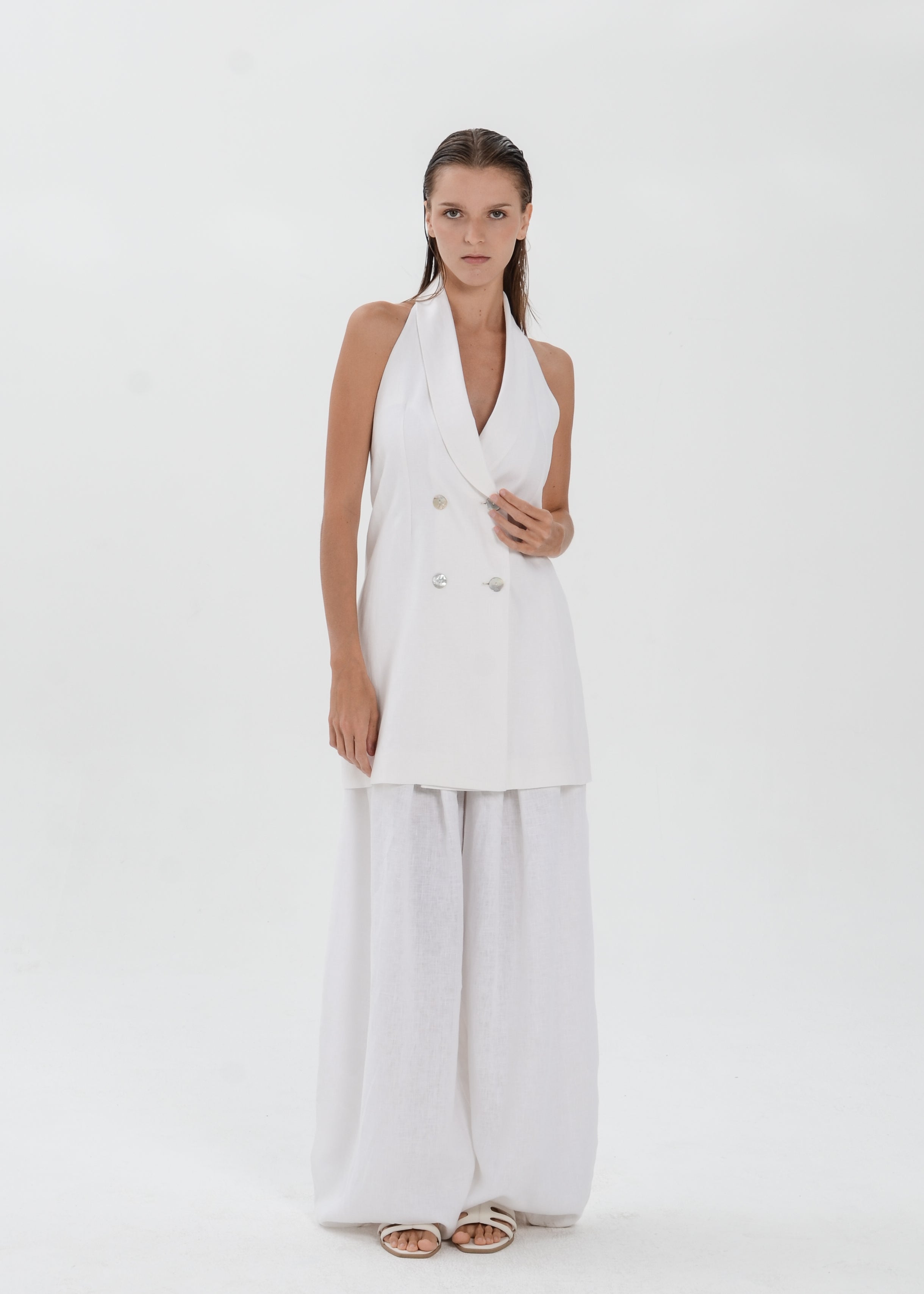 The Essence Linen Top - Double Breasted Hem Vest