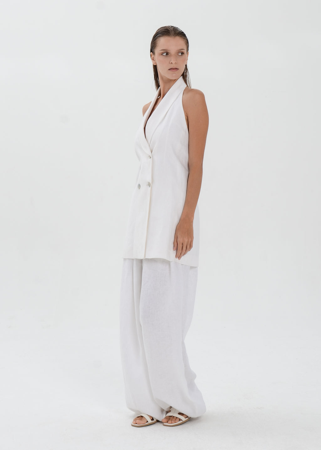 The Essence Linen Top - Double Breasted Hem Vest