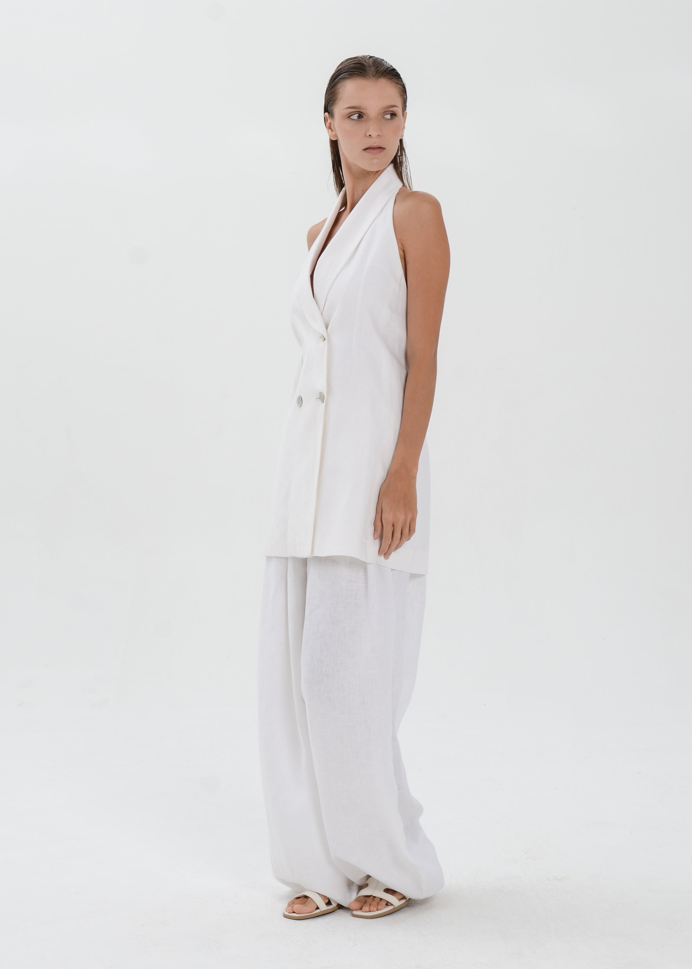 The Essence Linen Top - Double Breasted Hem Vest