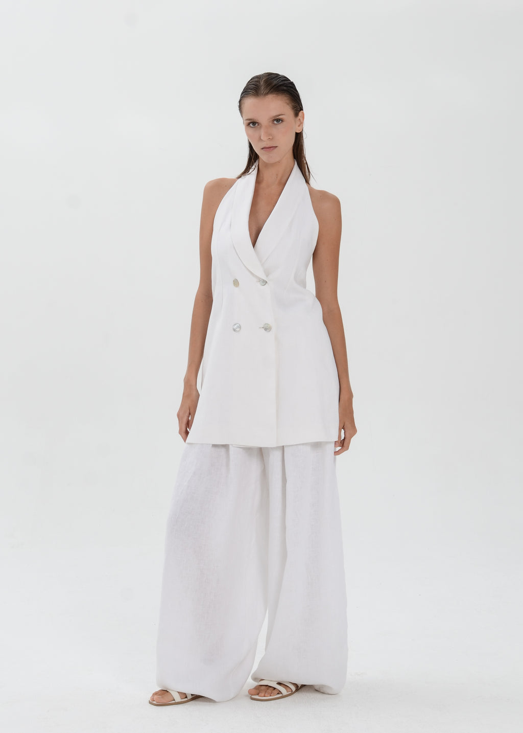 The Essence Linen Top - Double Breasted Hem Vest