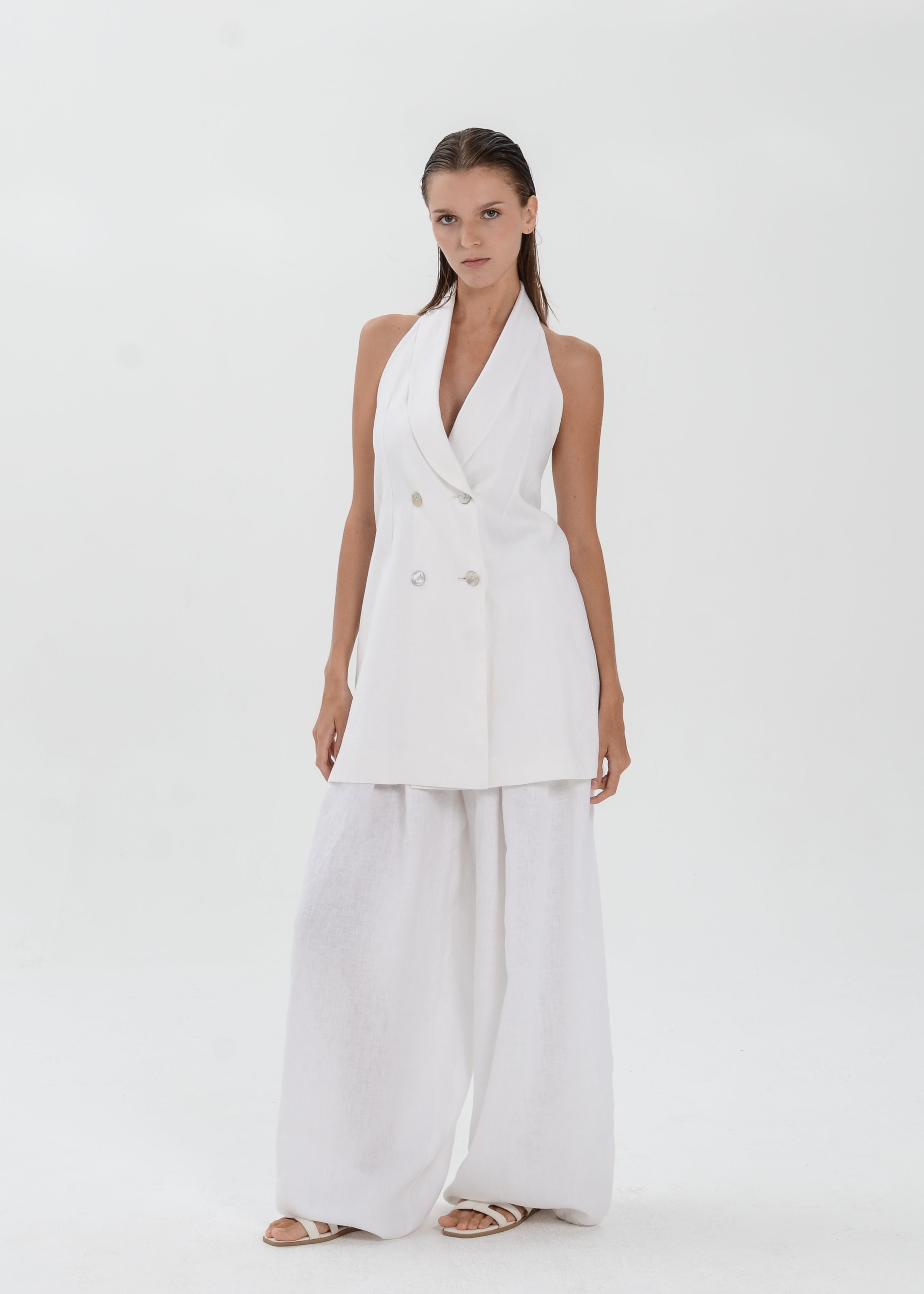The Essence Linen Top - Double Breasted Hem Vest