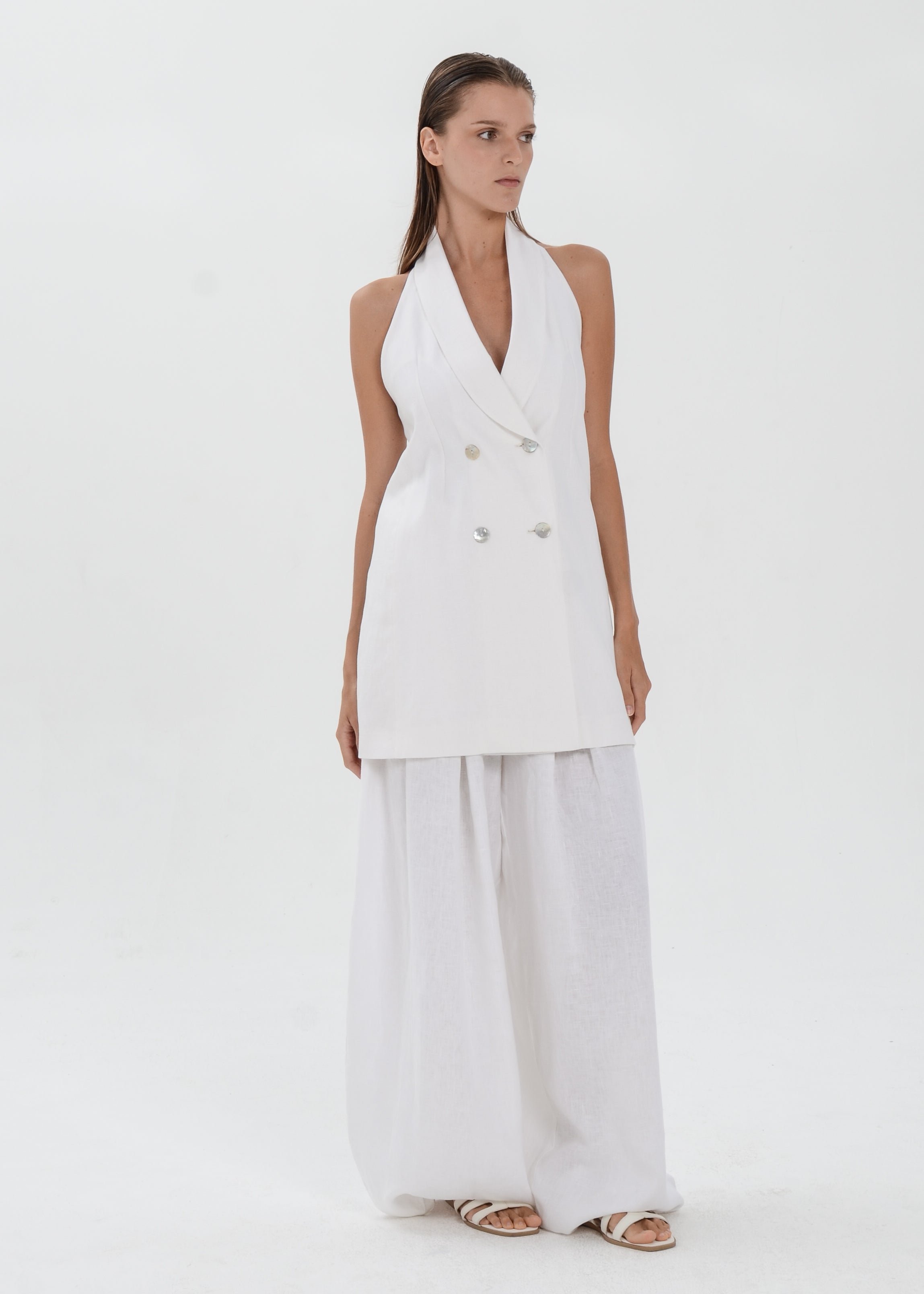 The Essence Linen Top - Double Breasted Hem Vest