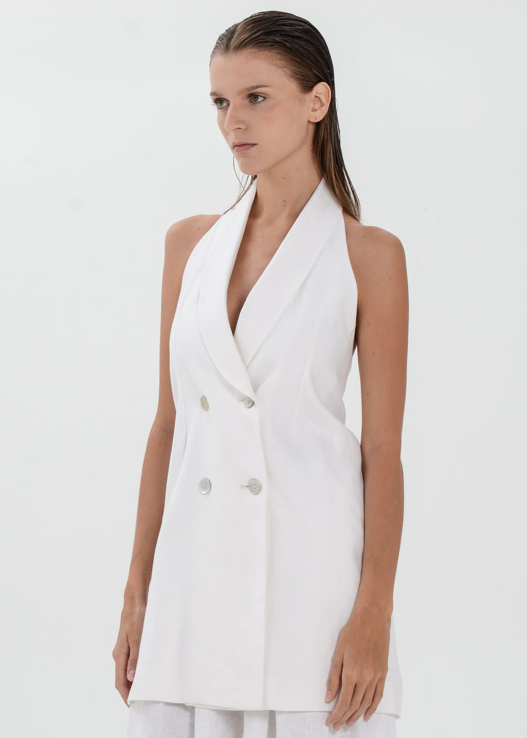 The Essence Linen Top - Double Breasted Hem Vest