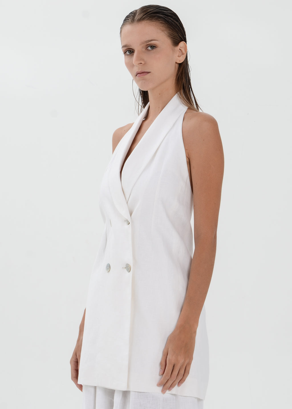 The Essence Linen Top - Double Breasted Hem Vest