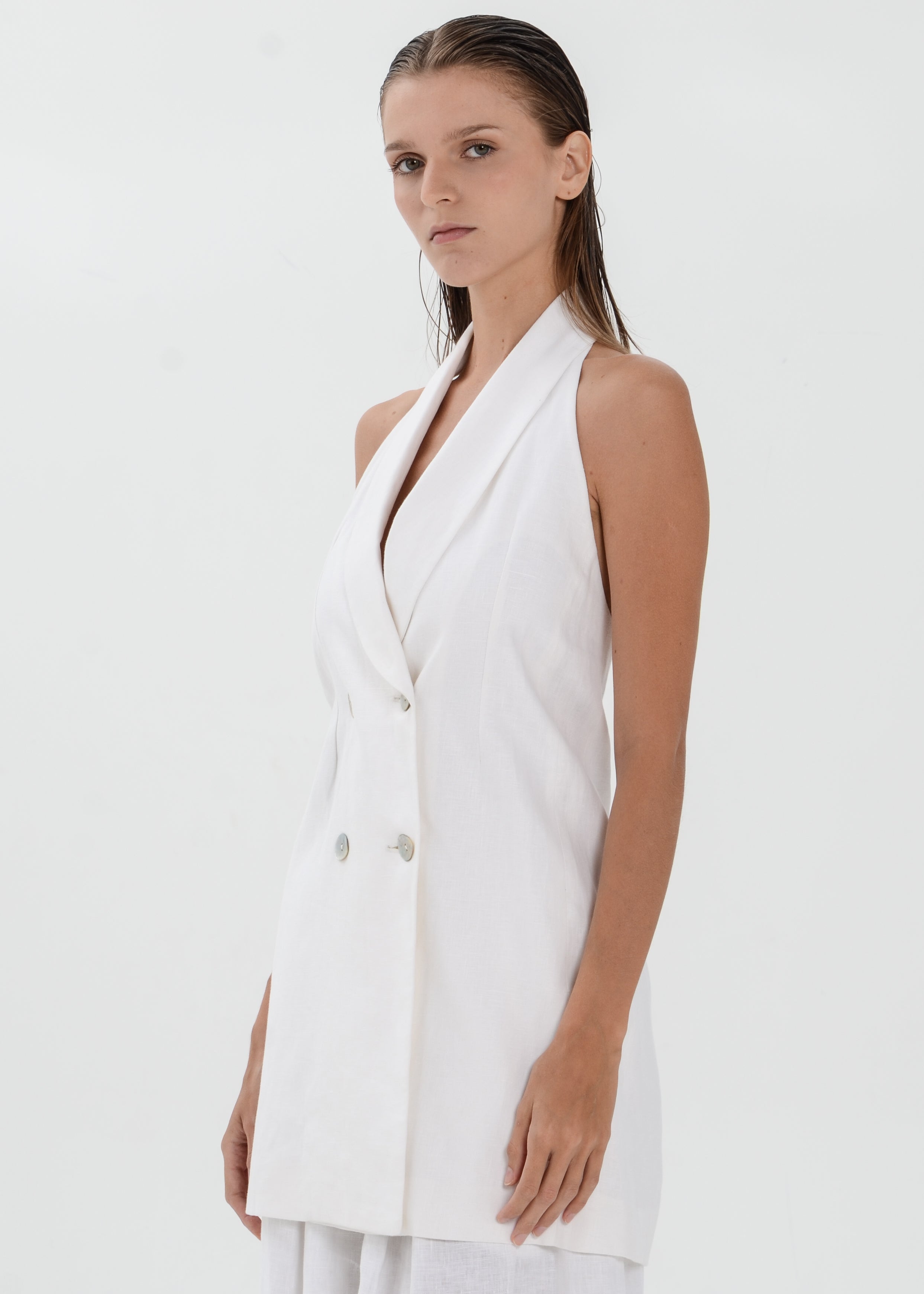 The Essence Linen Top - Double Breasted Hem Vest