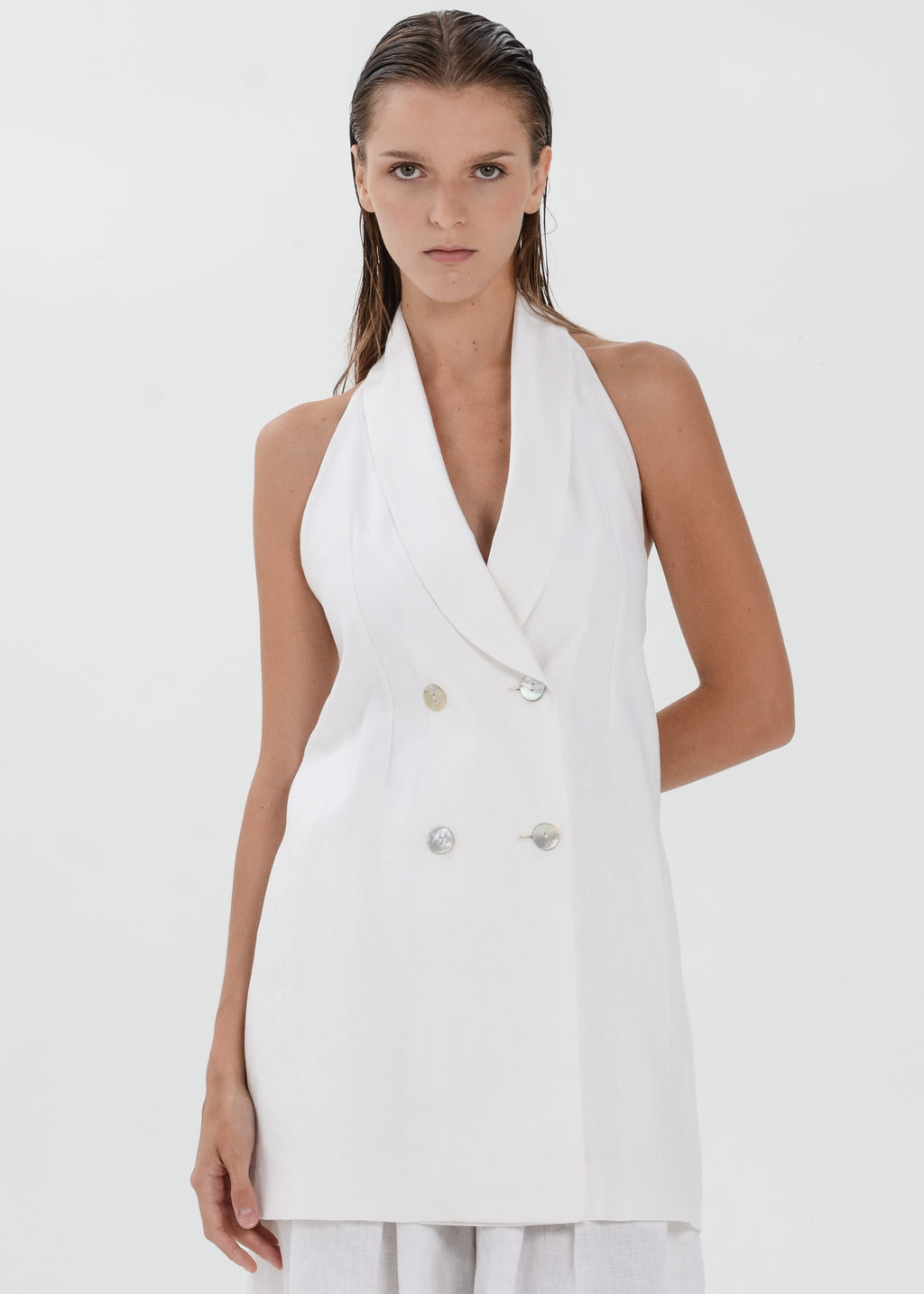 The Essence Linen Top - Double Breasted Hem Vest