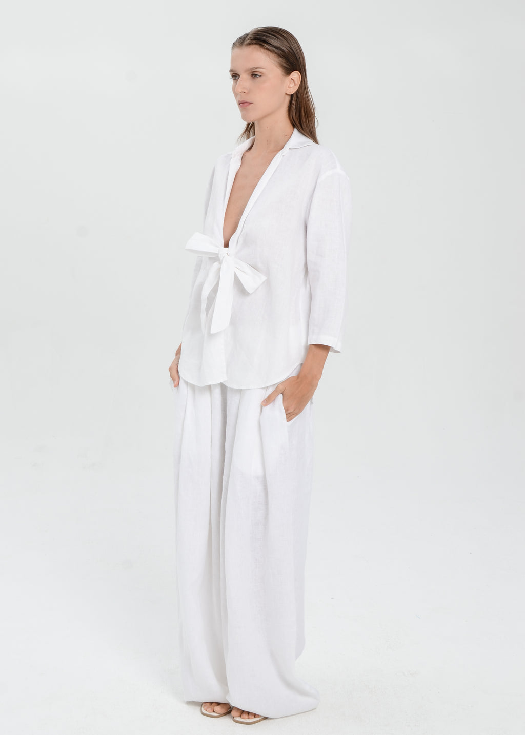 The Essence Linen Jacket - Tie Front Collared Jacket